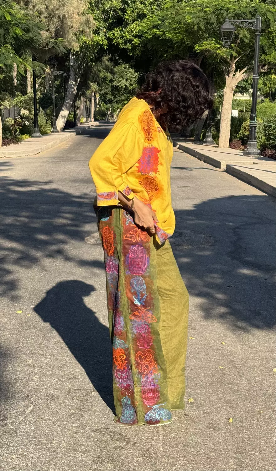 Hand -printed& painted olive linen pants  3
