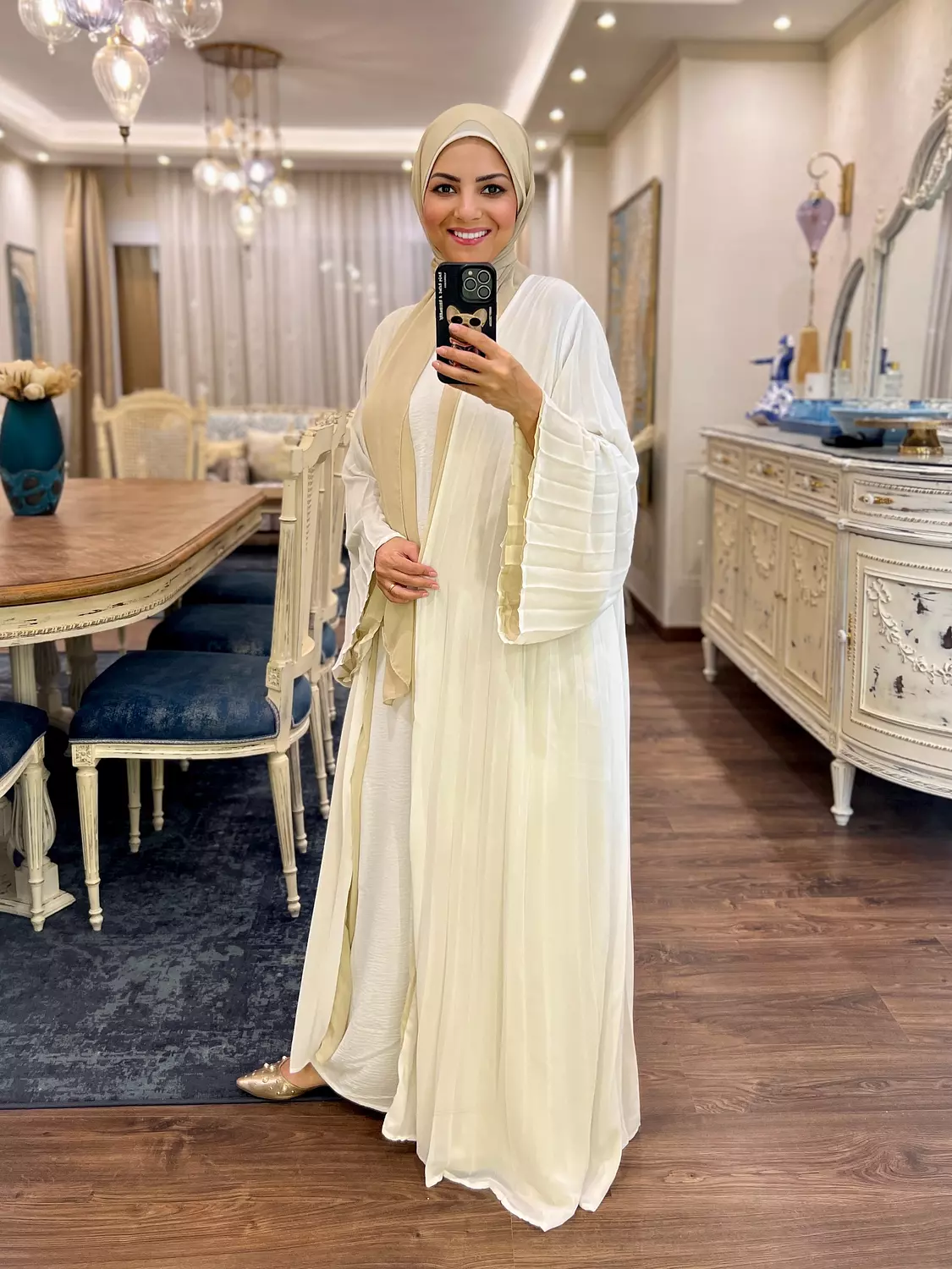 Double-faced Pleated Open Abaya- Off White & Beige 2