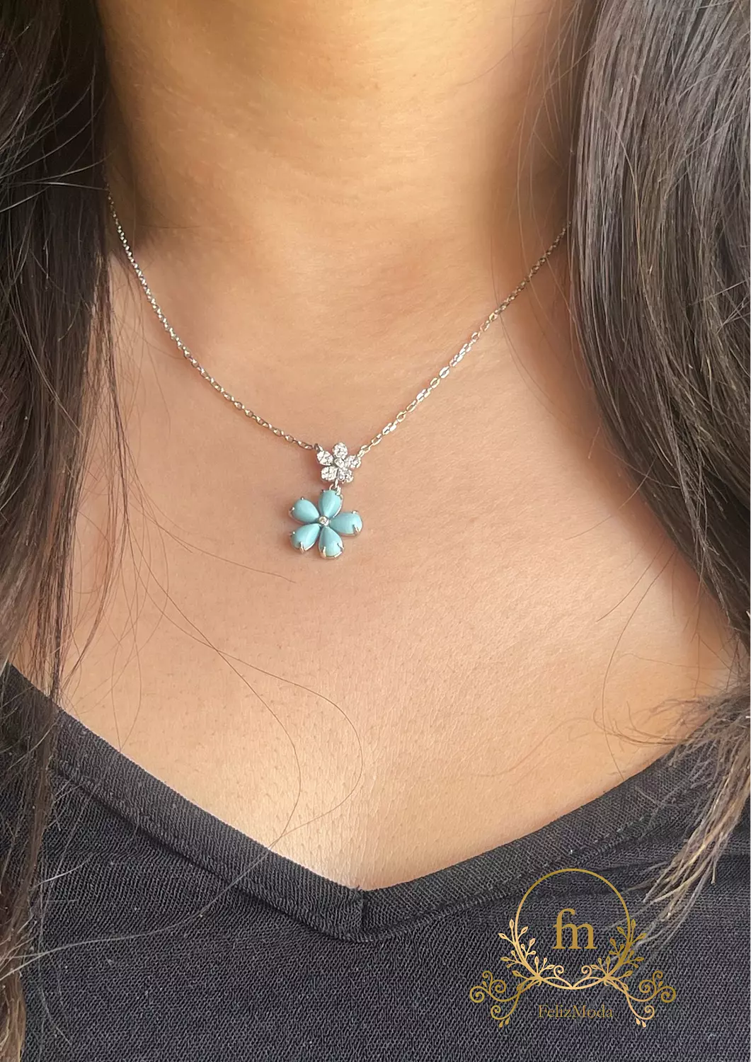 Two flowers Fayrouz and stones silver necklace  image