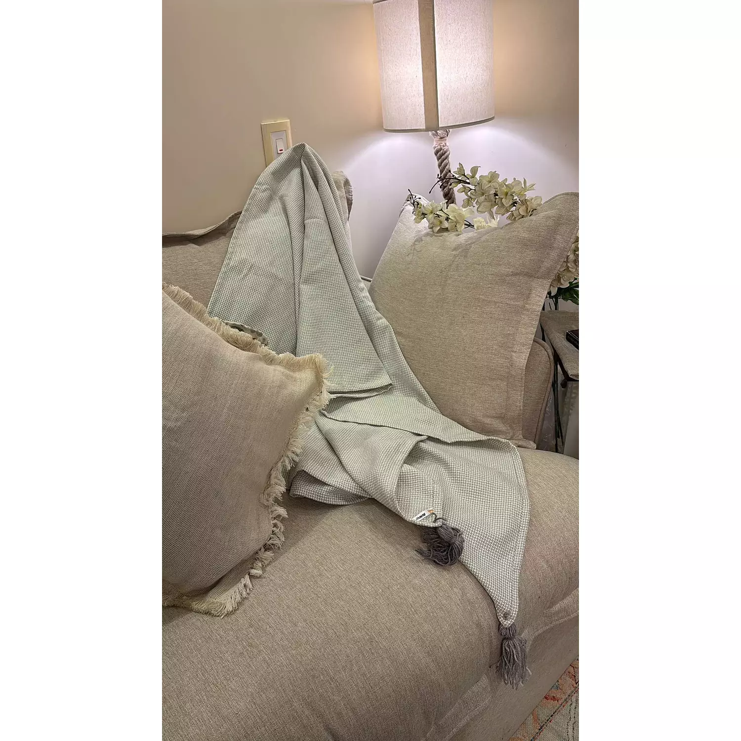 Grey X Off white sofa cover with tassels  hover image