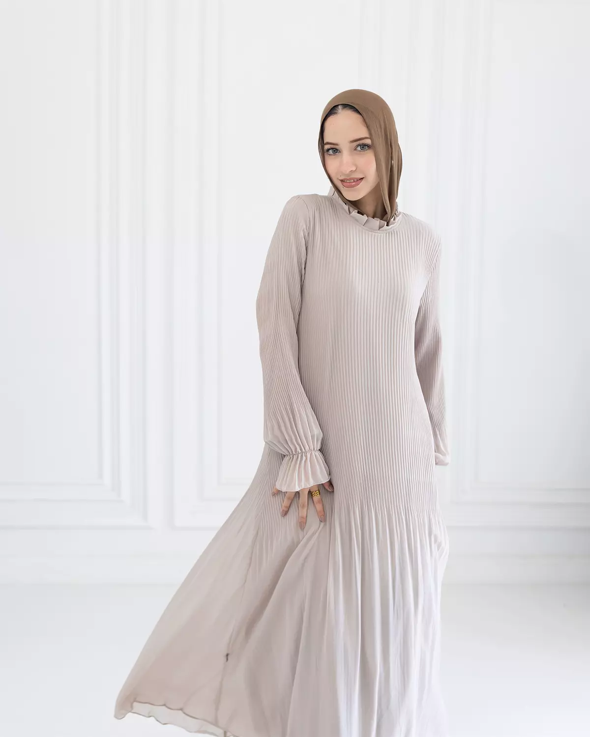 Chiffon Pleated Dress | Beige image