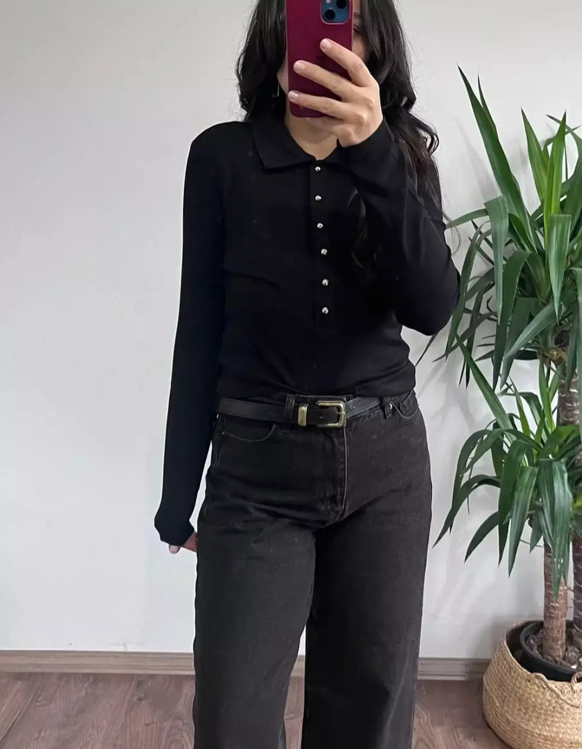 Black Dilvin top with gold buttons  hover image