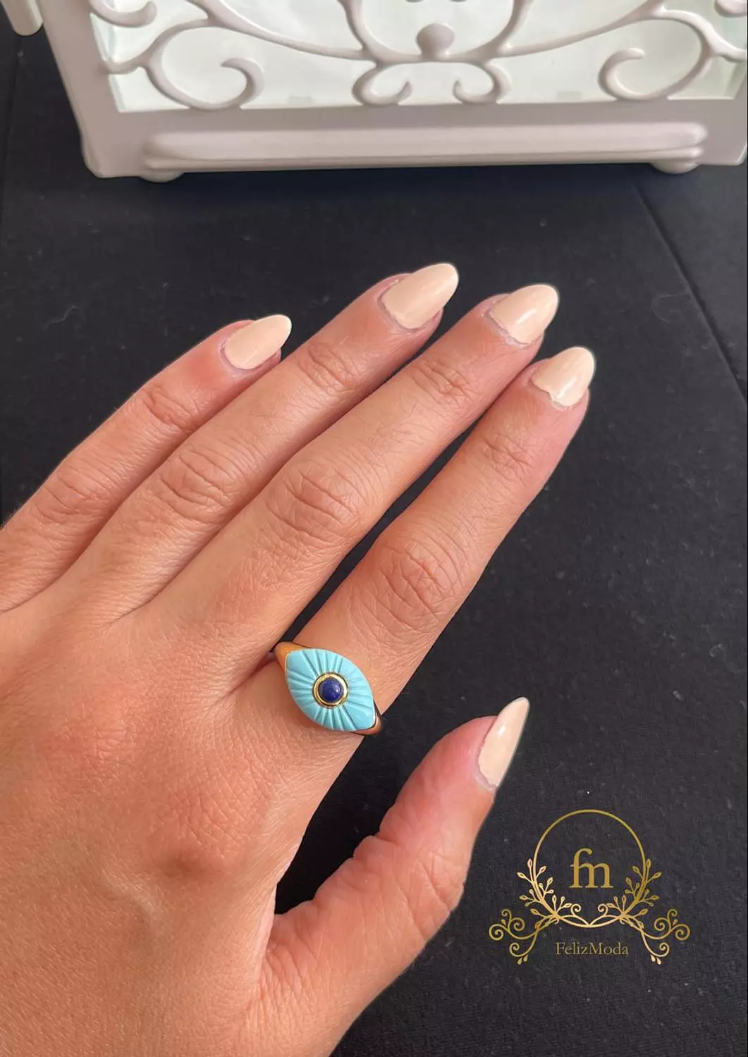Blue eye silver ring Fayrouz stone gold plated medium size image