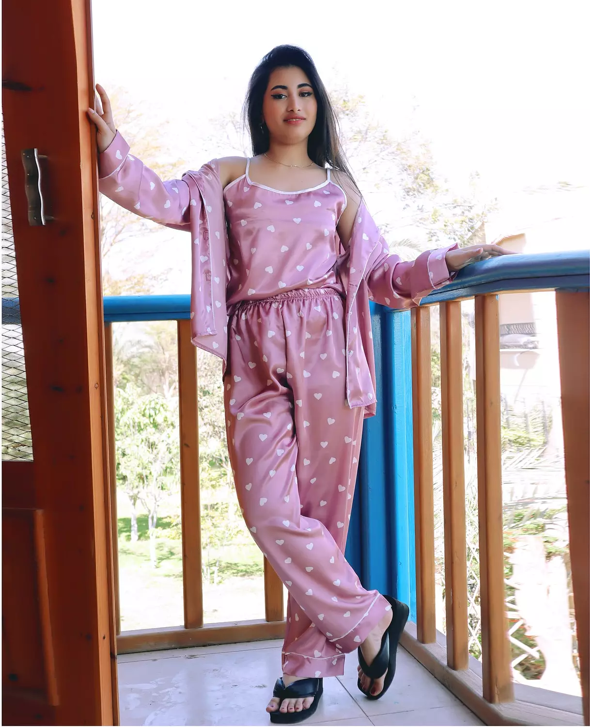 Heart Print Satin 3-Piece Pajama Set 14
