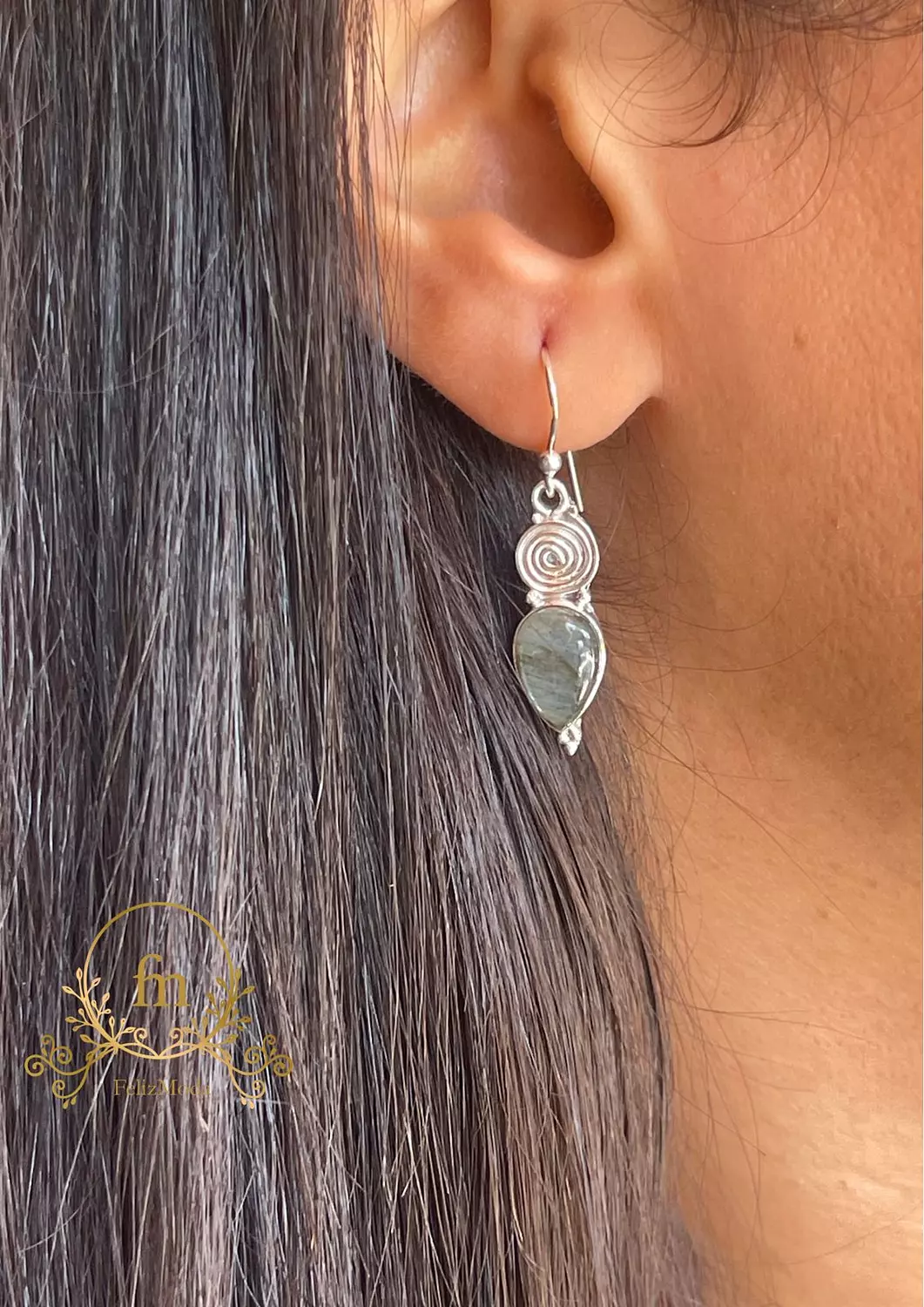 Round silver and oval stone pendant earrings image