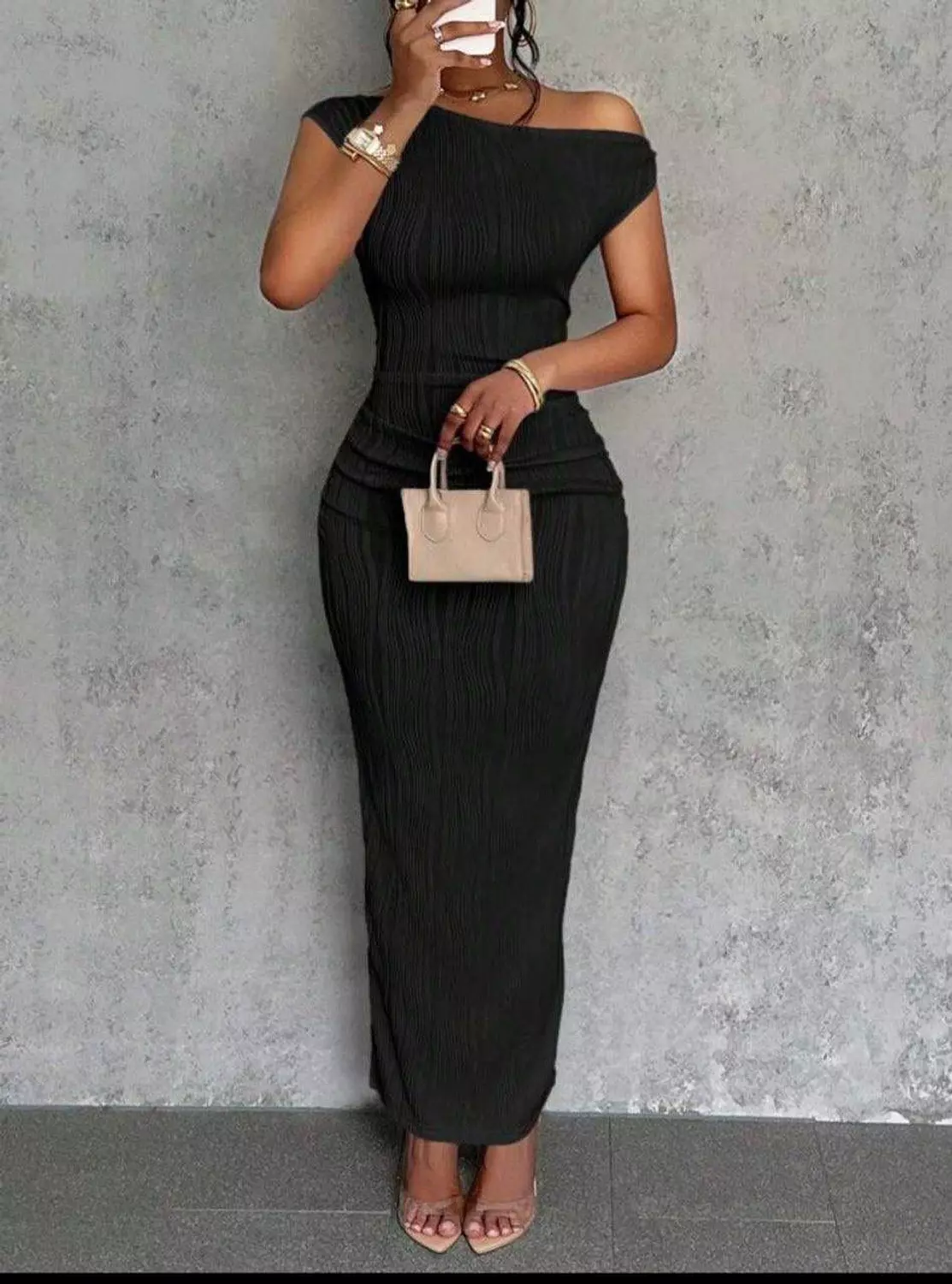 One-Shoulder Pleated Midi Dress – Asymmetric Neckline 1