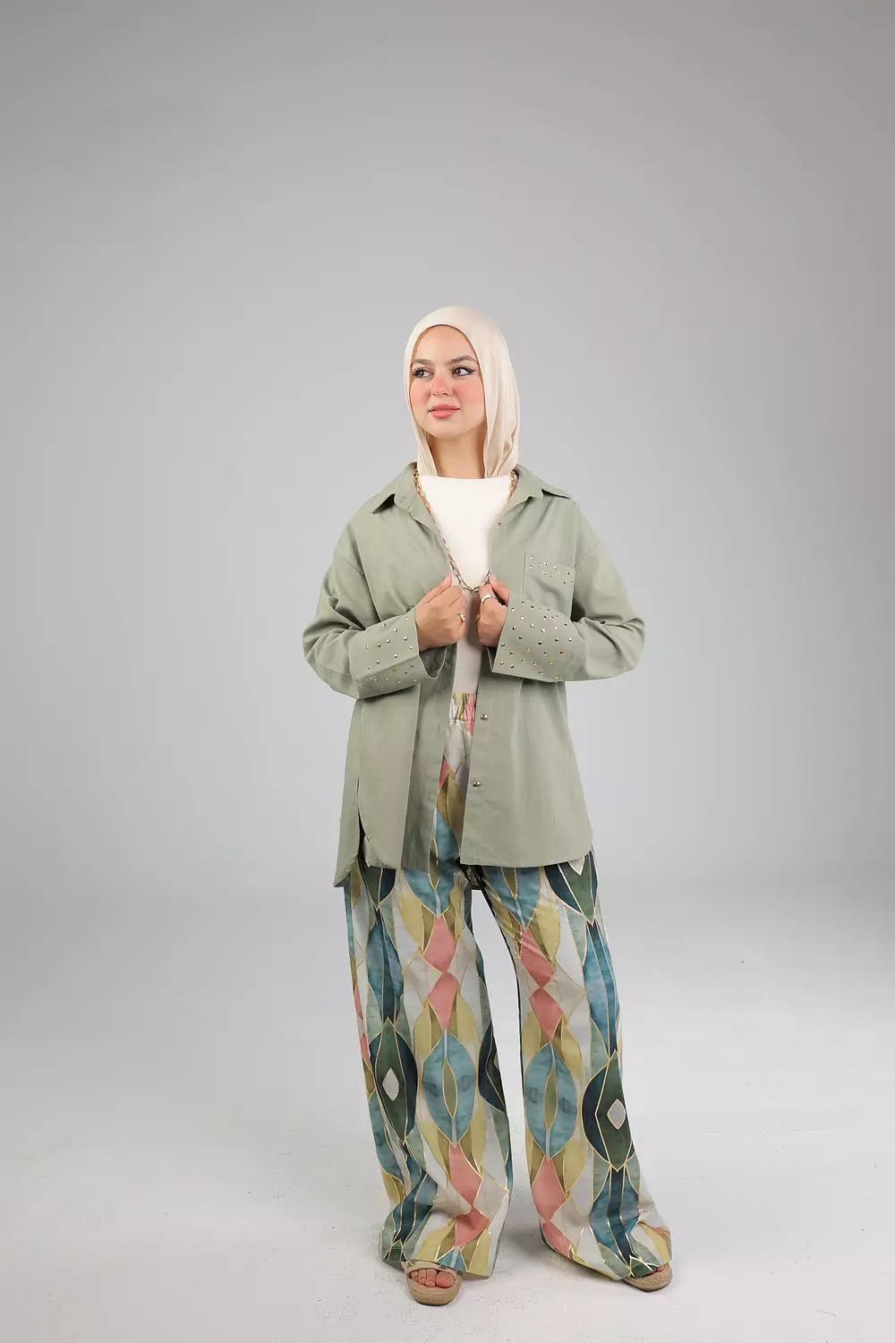 Olive studded linen shirt image