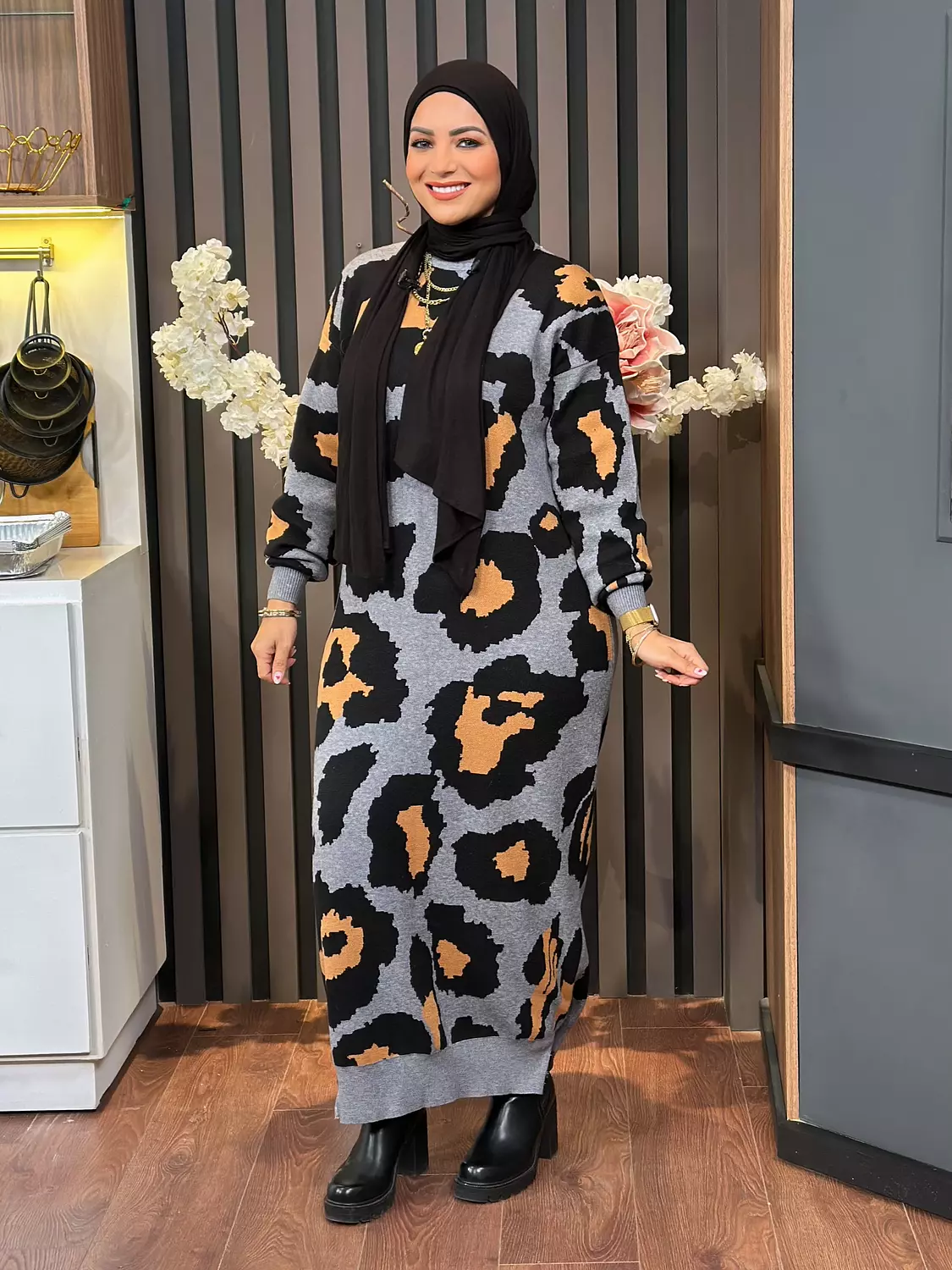 Tiger Printed Knitted Dress - Gray and Camel 