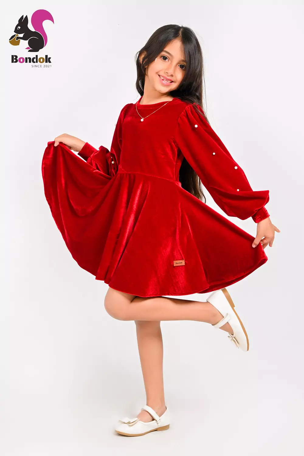 Loly Girls Velvet Dress with Pearl Details, (Red, Navy Blue, Emerald Green, Deep Fuchsia and Black) image