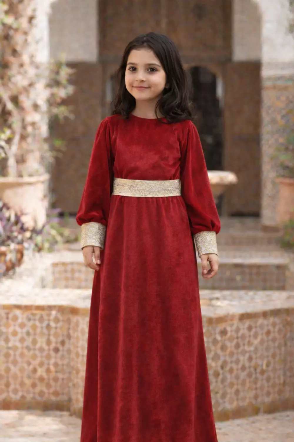 Girls Velvet Islamic Long Sleeve Dress with Separate Gold Belt, Maxi Dress, Available in Navy Blue, Black, and Red, Ages 3-14 Years 5