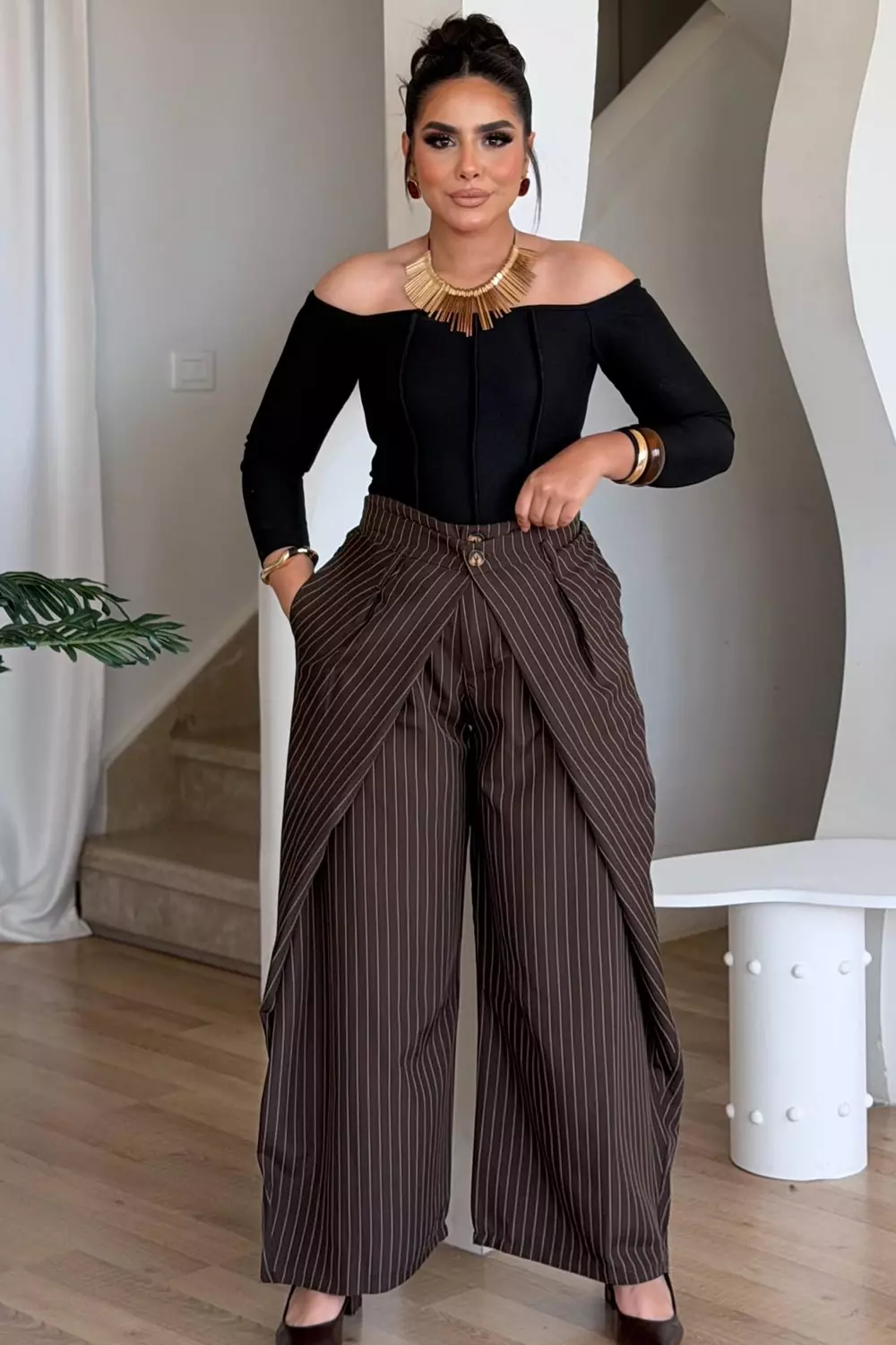 Pinstripe Extra Wide-Leg Trousers with Draped Front 10