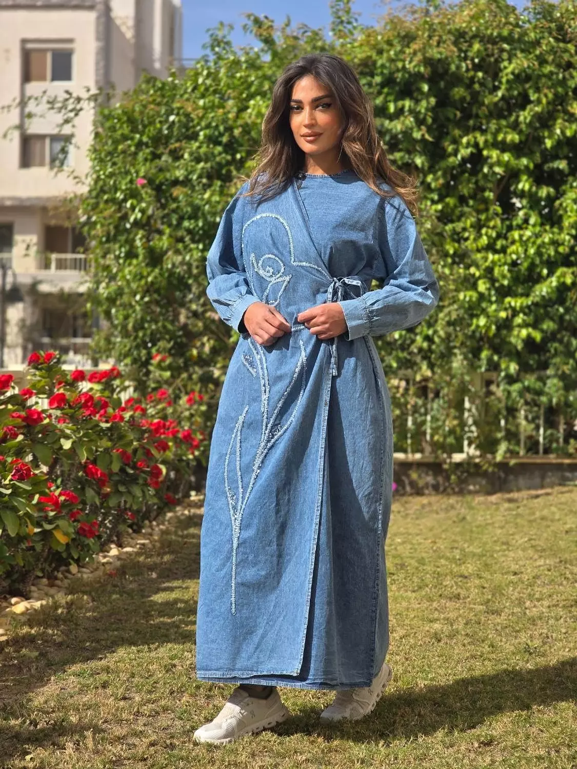 Floral denim dress with side tie image