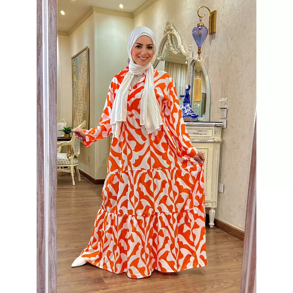 Long Sleeve Over Sized Printed Dress - Orange