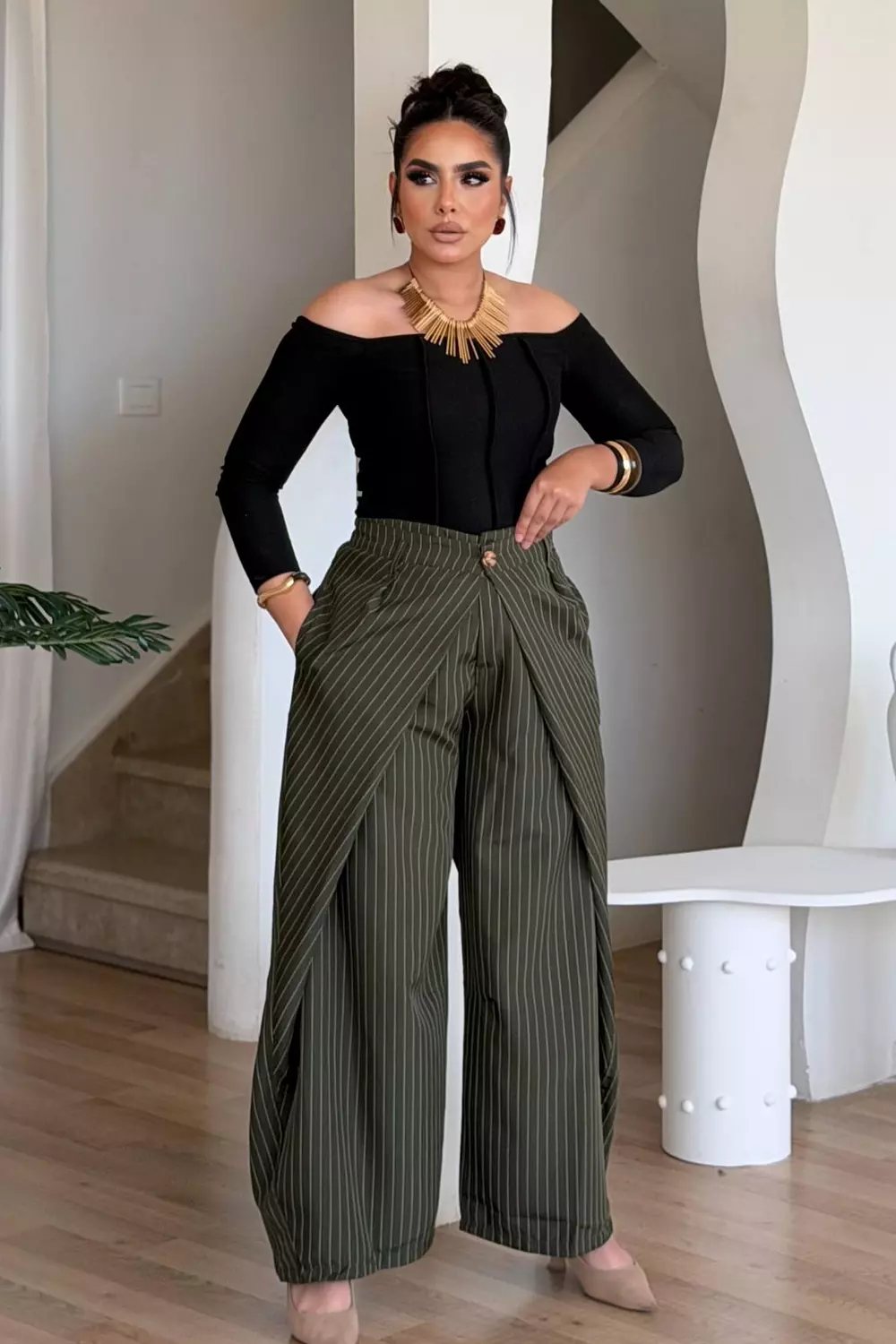 Pinstripe Extra Wide-Leg Trousers with Draped Front 4