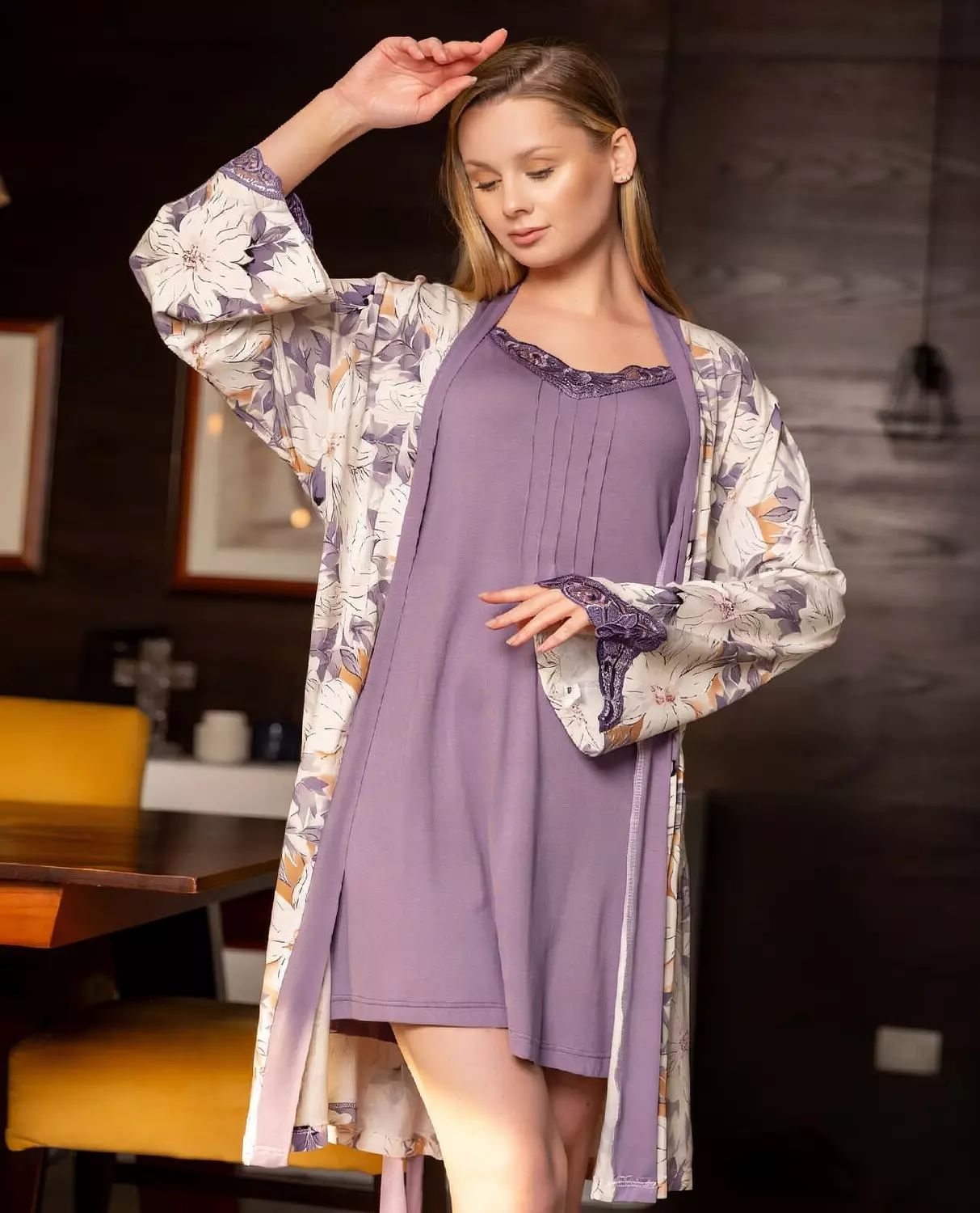 Lavender Nightdress with Floral Kimono image