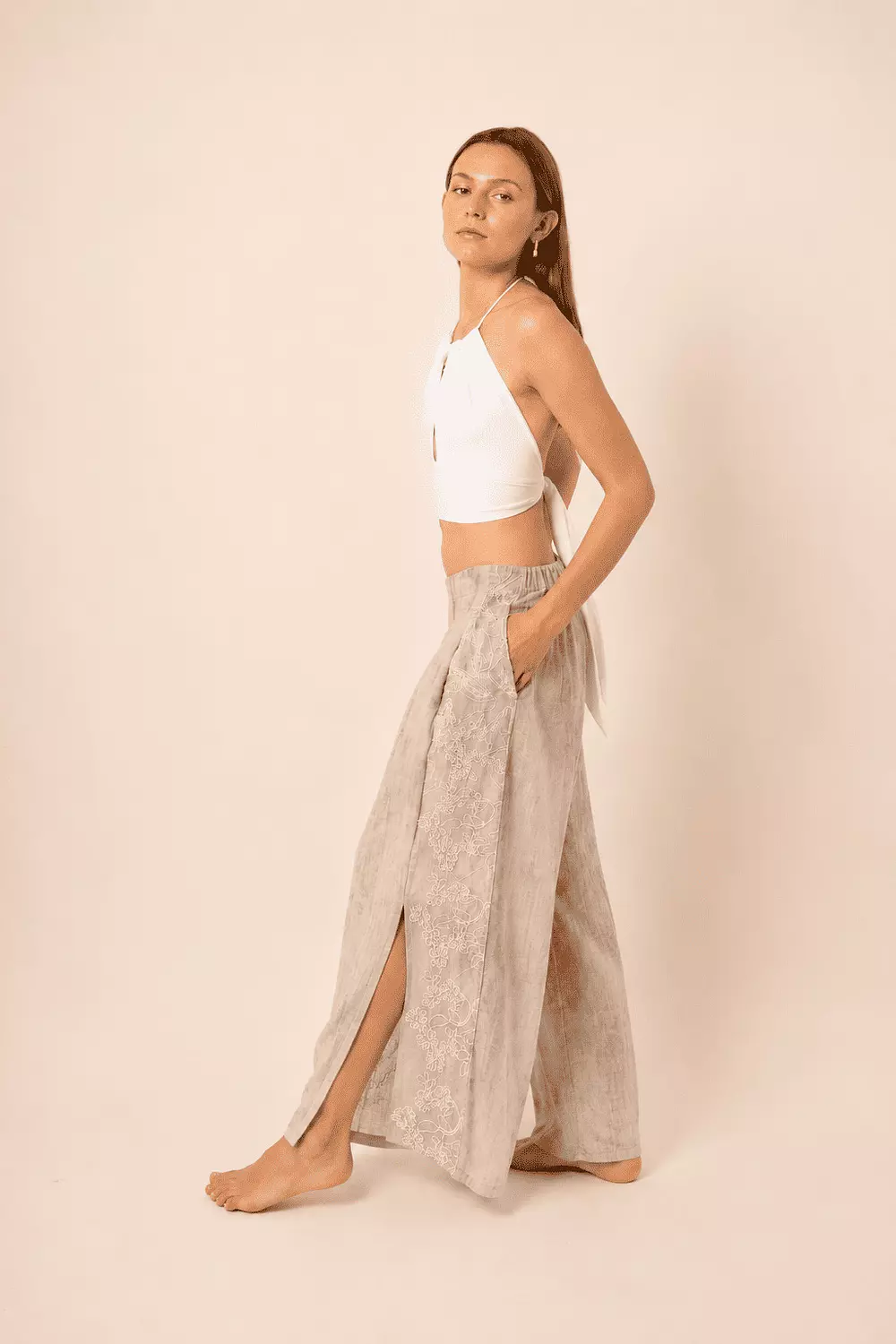 Wide-Leg Pants with side slits - Greige image