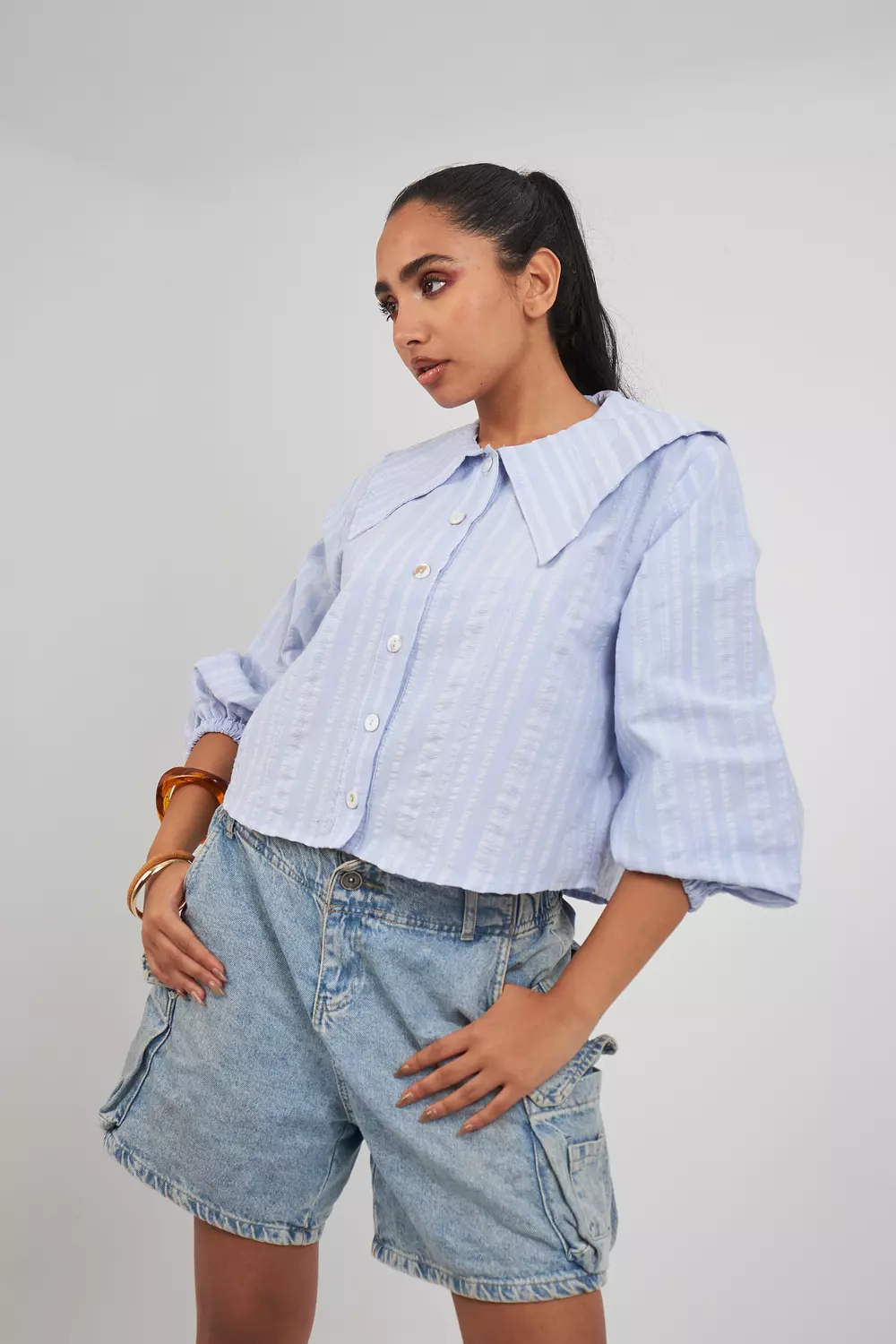 Blue-Vanilla Pan Collar Shirt  image
