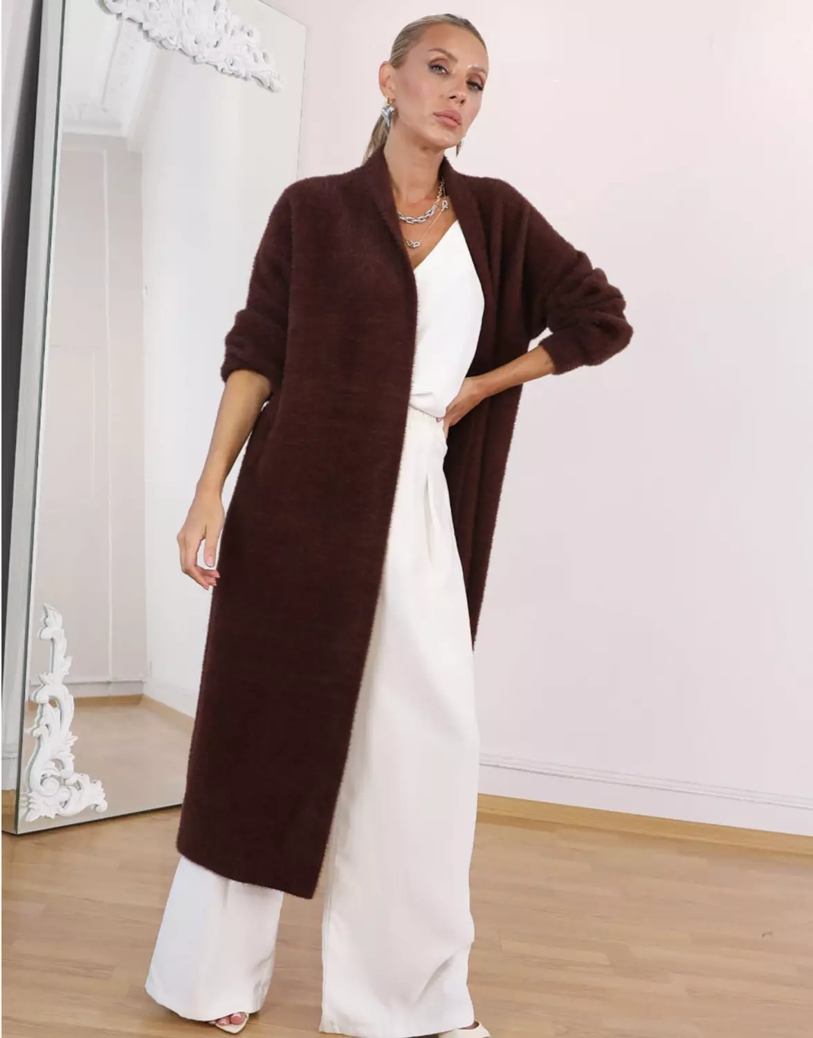 Long Open Chocolate Brown Mohair Cardigan  hover image
