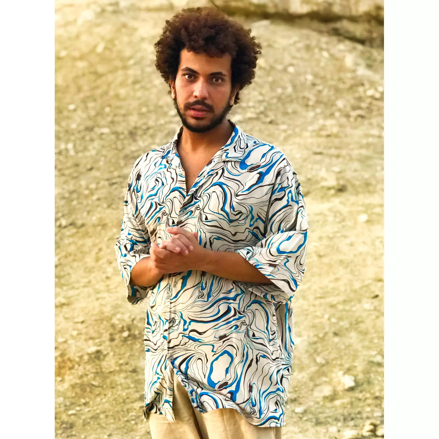 Loosefit Beige & Blue Wavy Viscose Shirt 0
