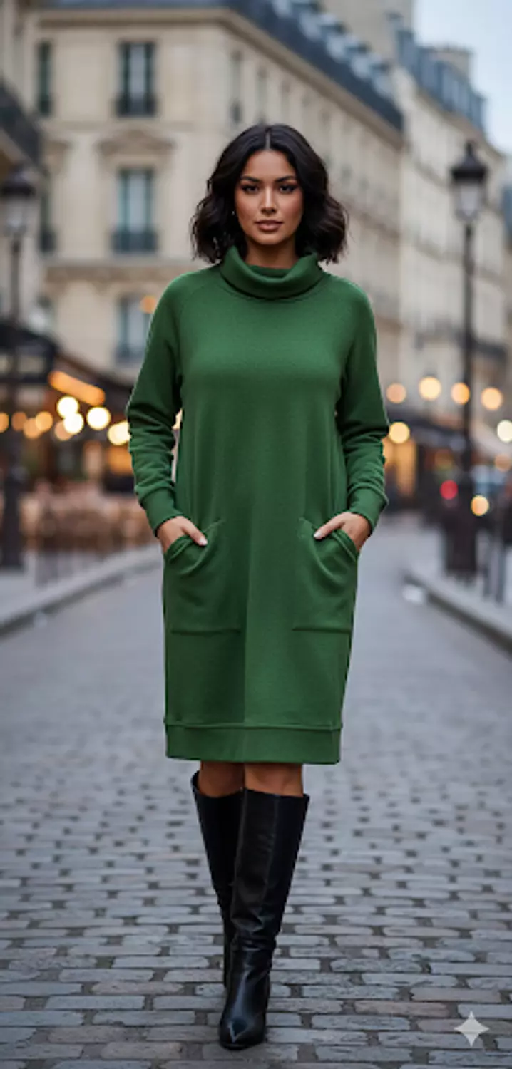  Cozy Chic High-Neck Pocket Midi Dress – Forest Green image