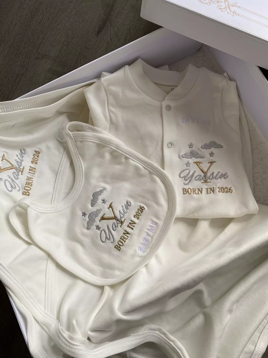 Gold With Silver Letter +Name + Date with Clouds and Stars  Embroidery Design  3