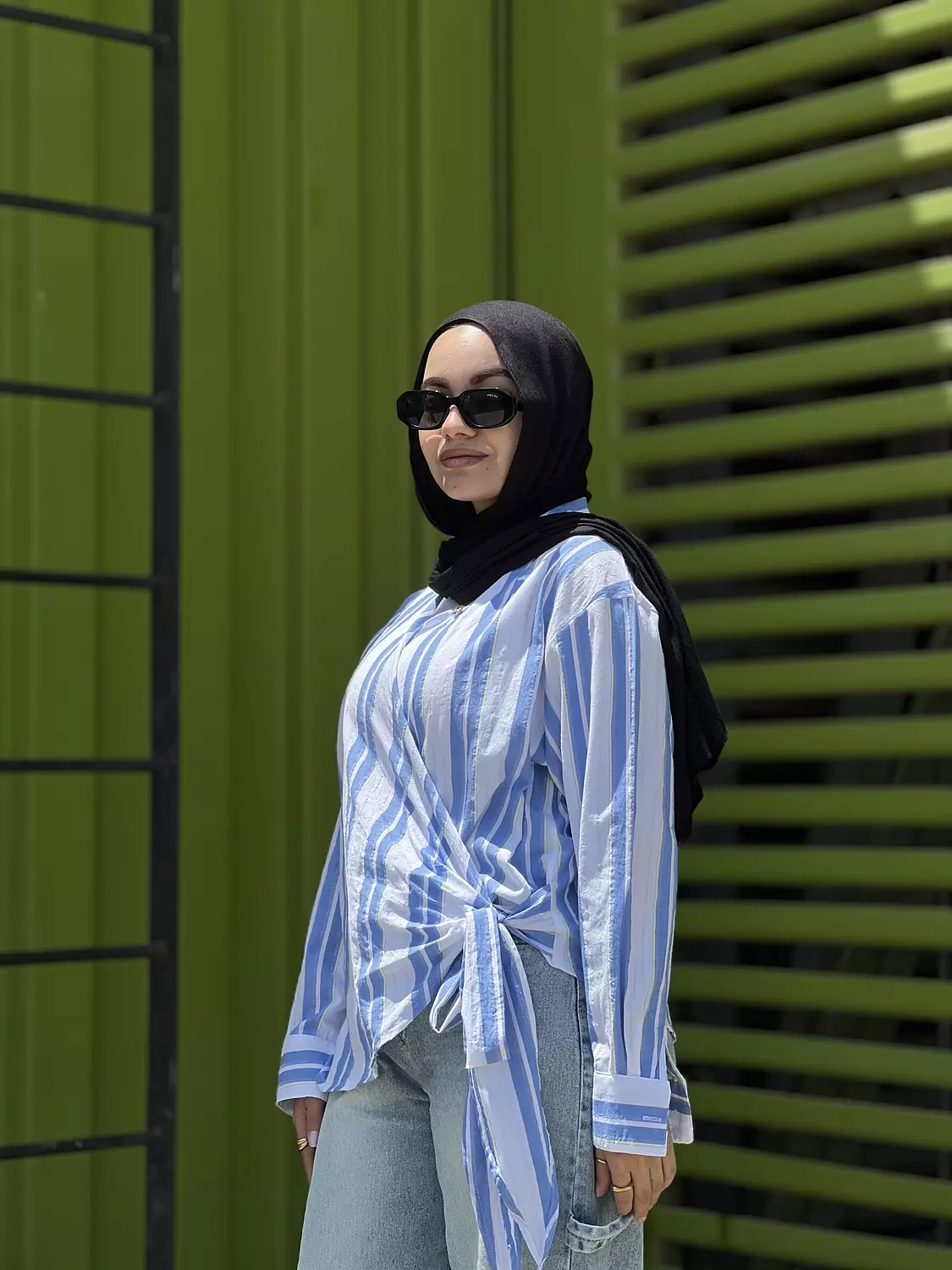 White blouse with double blue lines and side tie 2