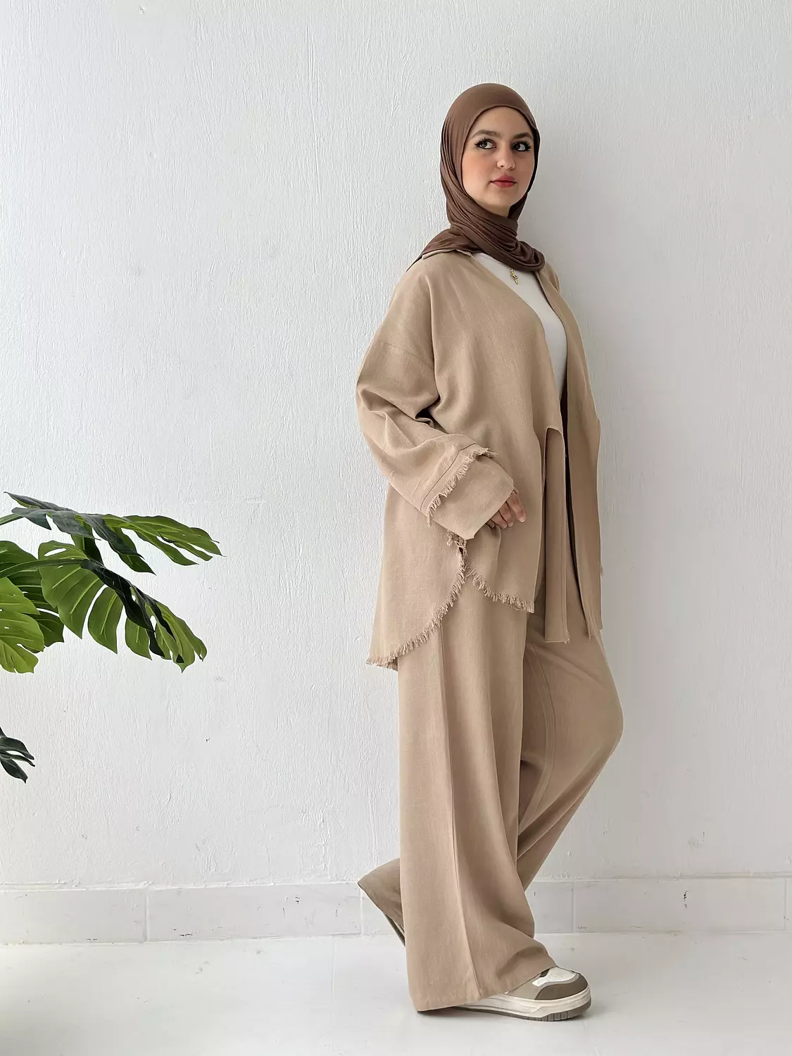 Front Knot Linen Set In Café 3