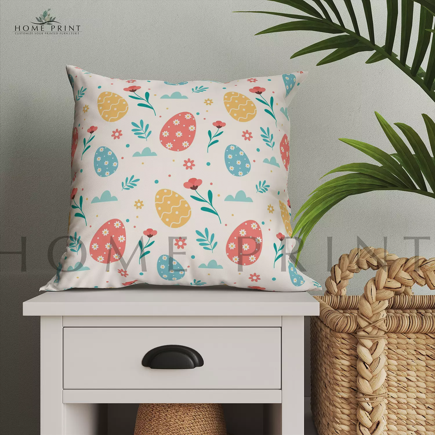 Easter Cushion - Easter Eggs and Flowers - Colorful Print image