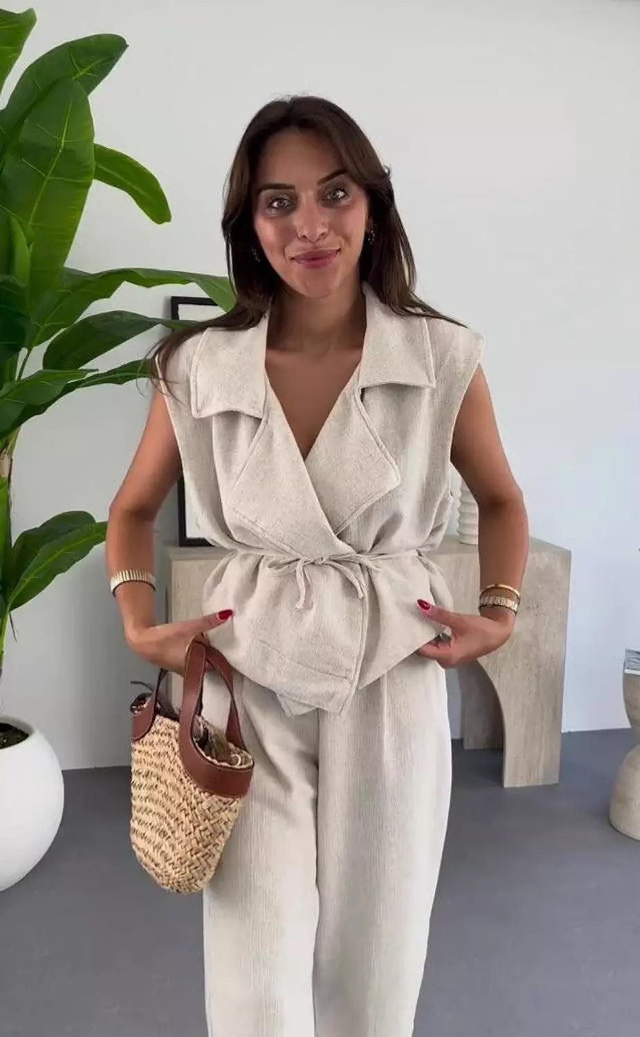 Linen Vest & Wide-Leg Trouser Set with Tie-Front Detail image