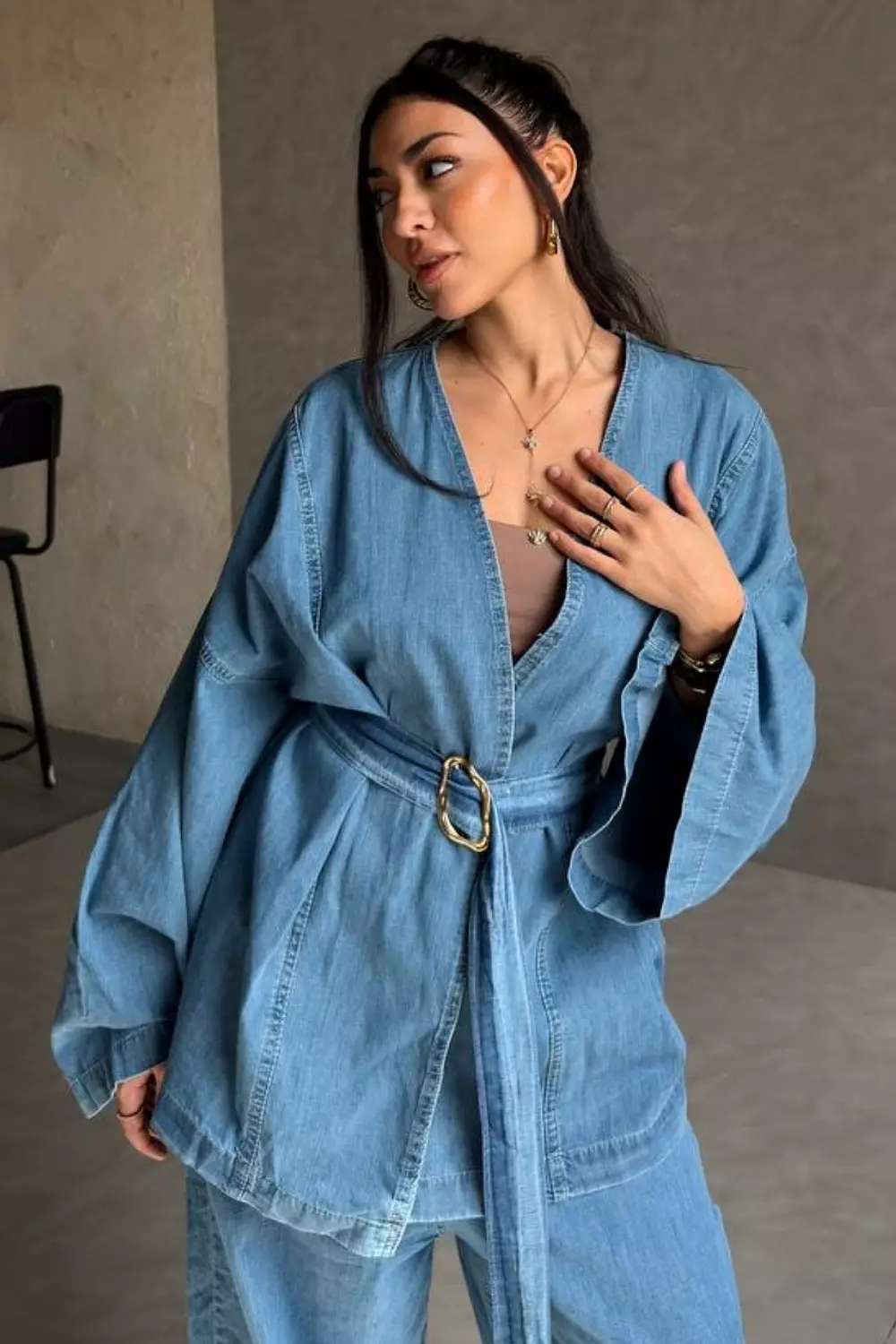 Summer Denim Kimono Set with Batwing Sleeves & Wide-Leg Pants 7