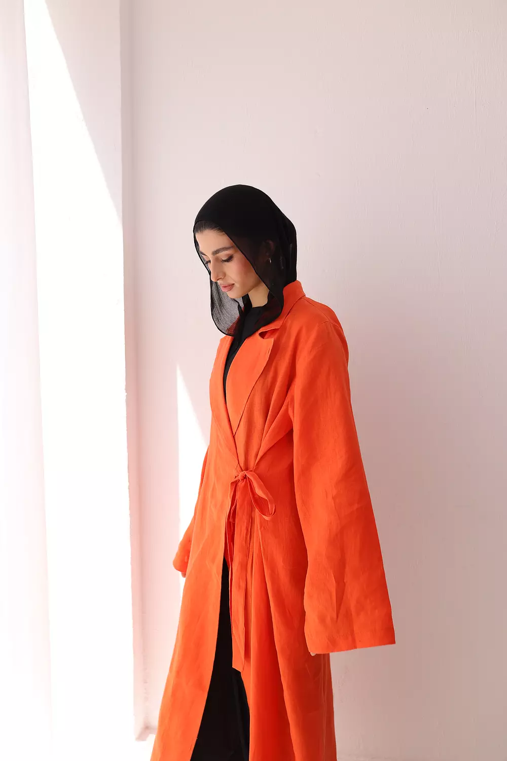 Side- tie linen dress in orange  2