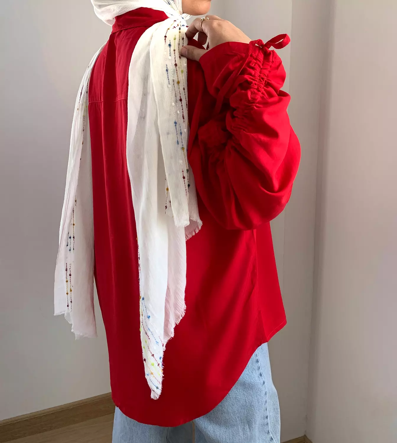 Drawstring sleeves blouse in Red 1