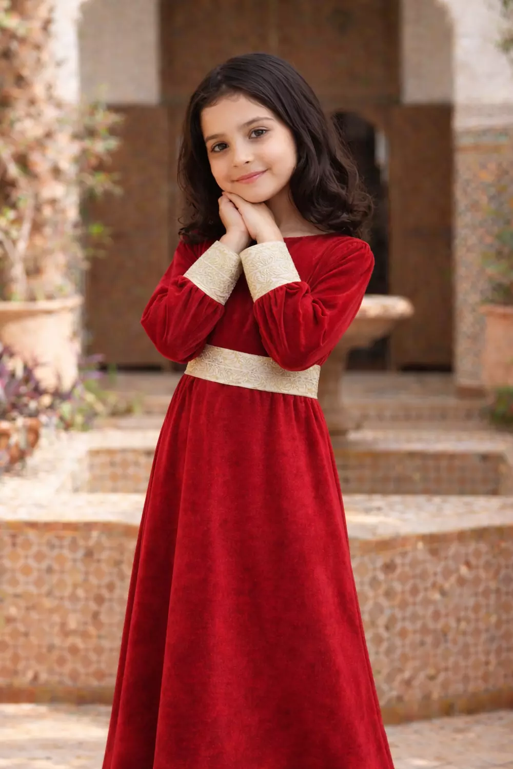Girls Velvet Islamic Long Sleeve Dress with Separate Gold Belt, Maxi Dress, Available in Navy Blue, Black, and Red, Ages 3-14 Years image