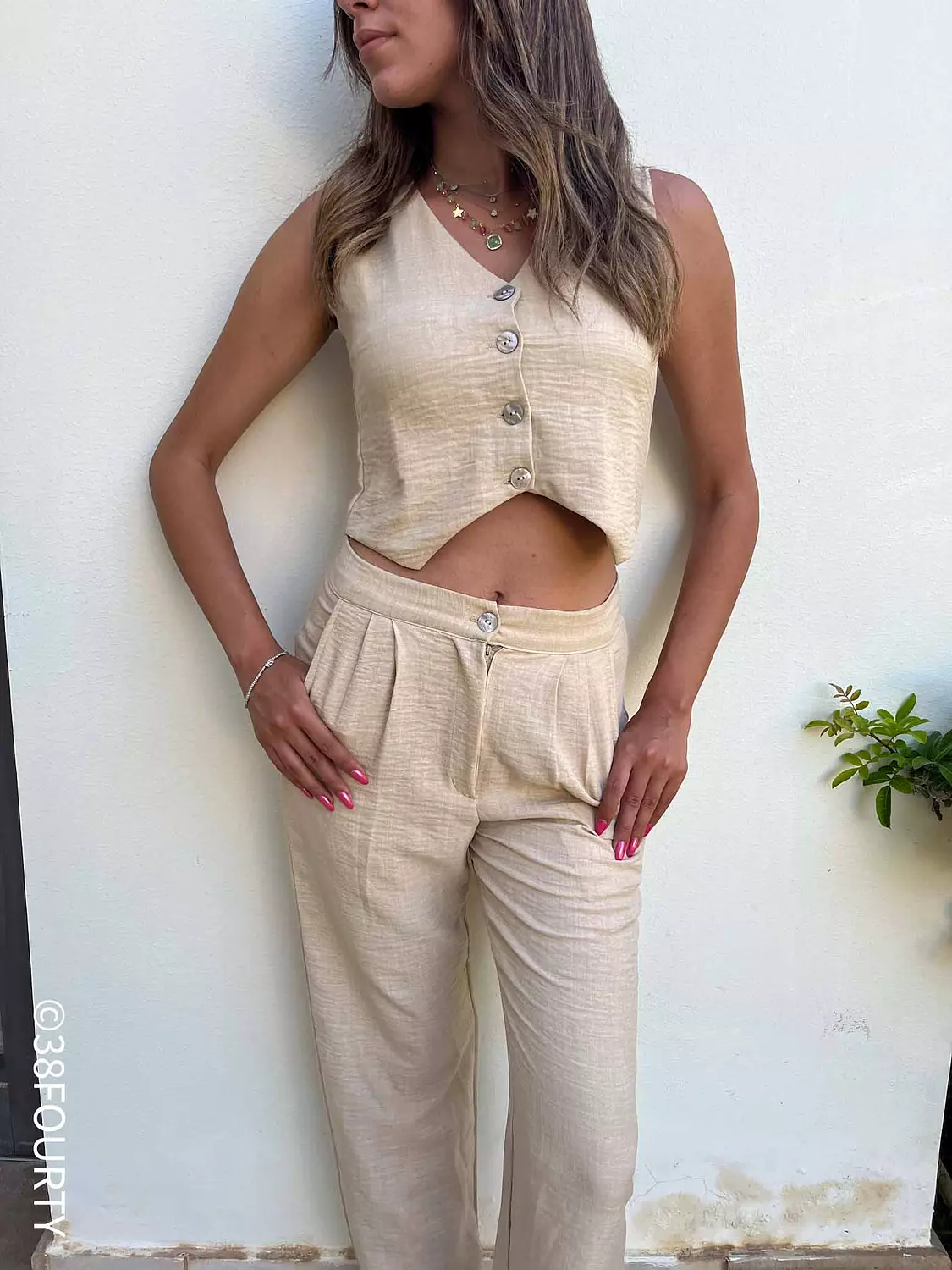 Button Vest Linen Set - Beige  image