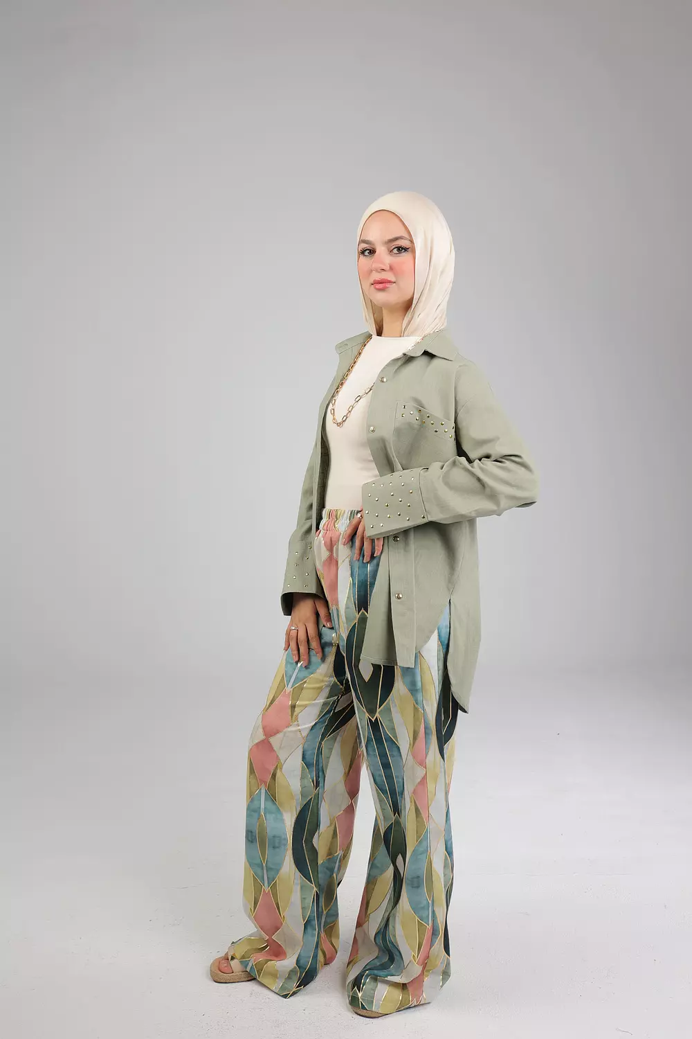 Olive studded linen shirt 1