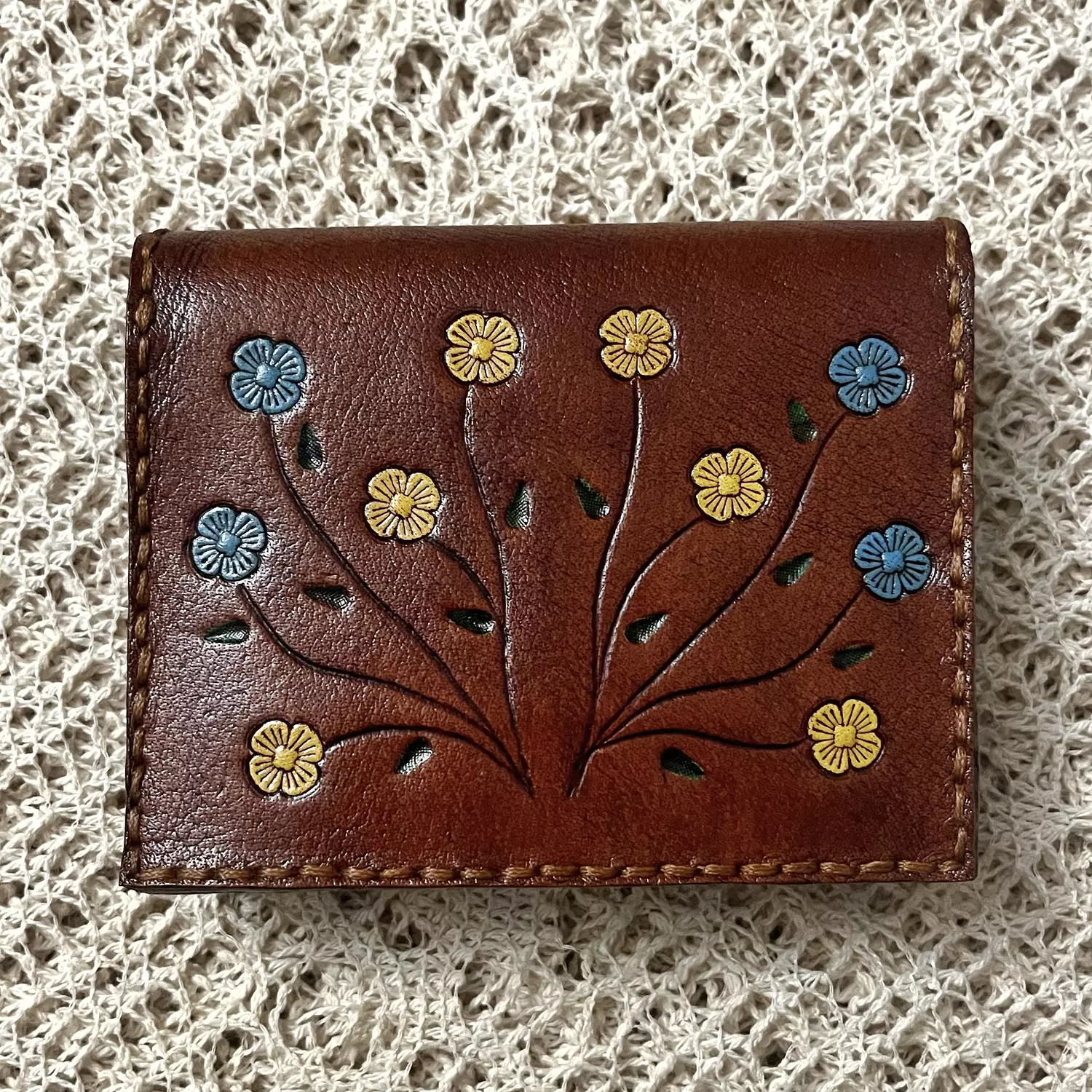 Hand painted yellow-blue flowers folded leather wallet  image