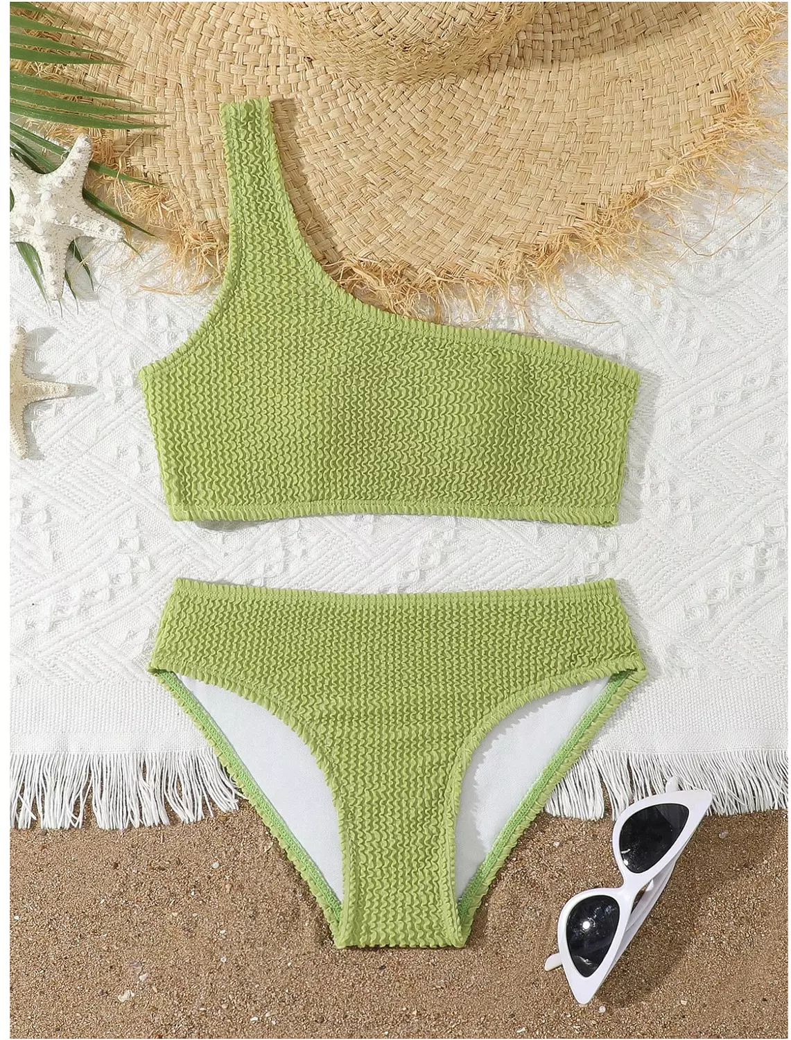 Tween Girl Solid Color One-Shoulder Bikini Set, Summer Beach image