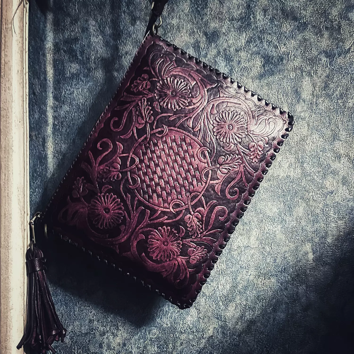 Floral basket tooled leather clutch 5