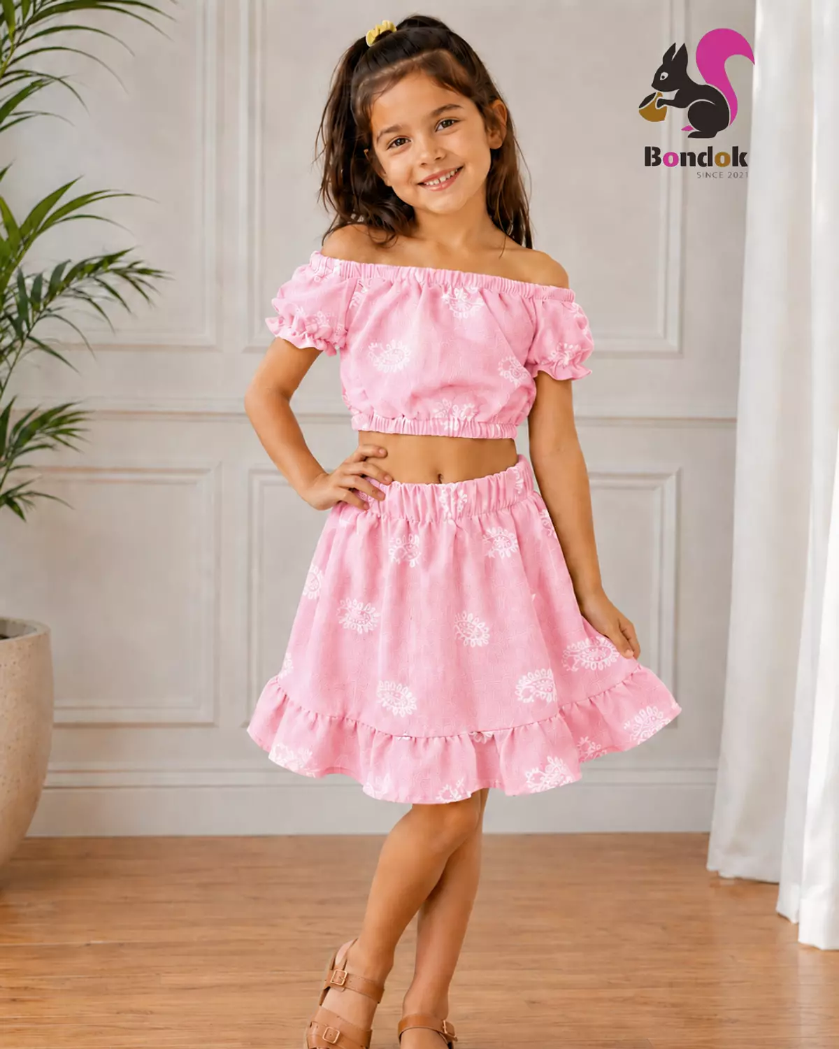 Girls’ Paisley Print Off-Shoulder Top and Ruffle Skirt Set 1