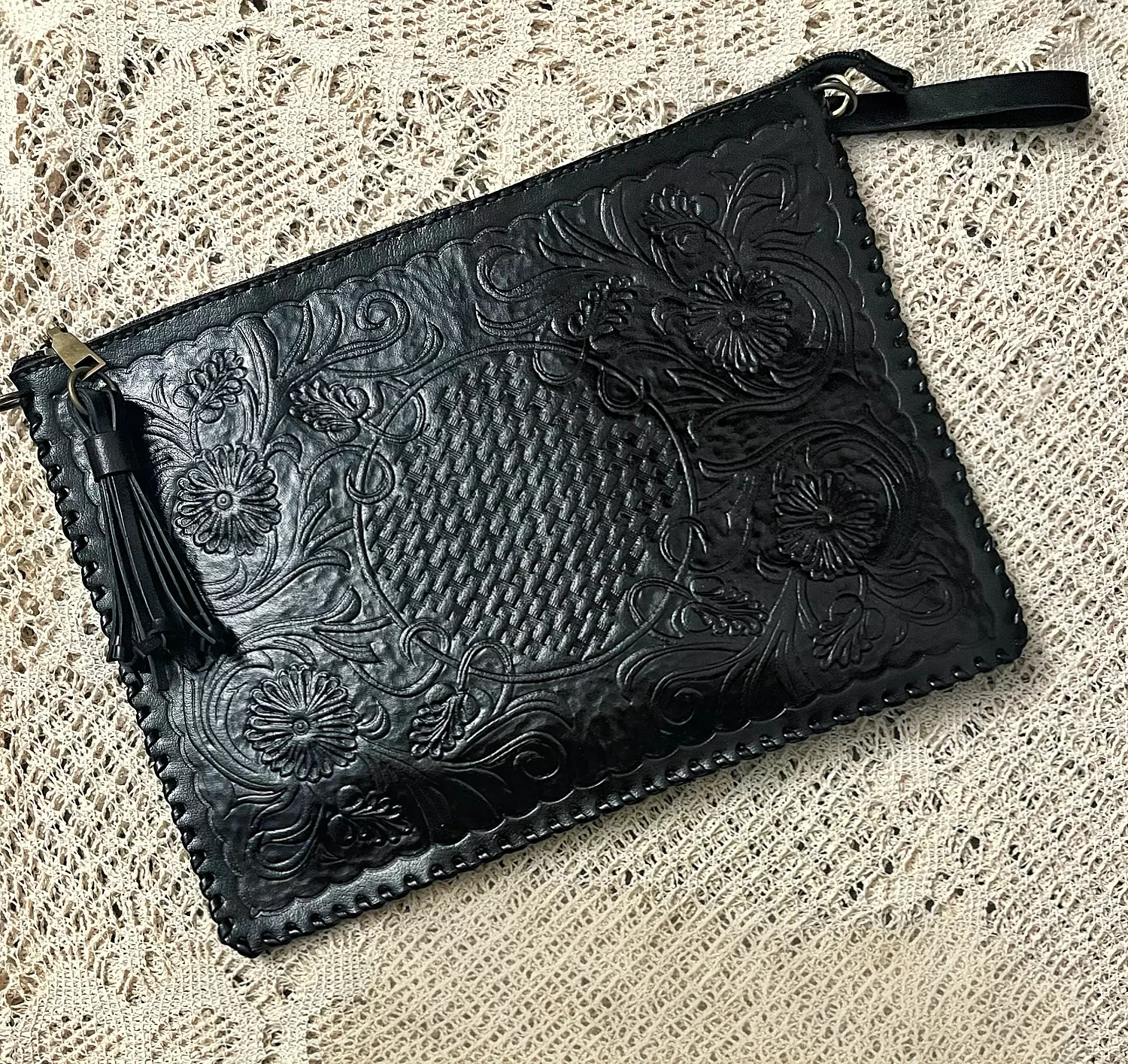 Floral basket tooled leather clutch 13