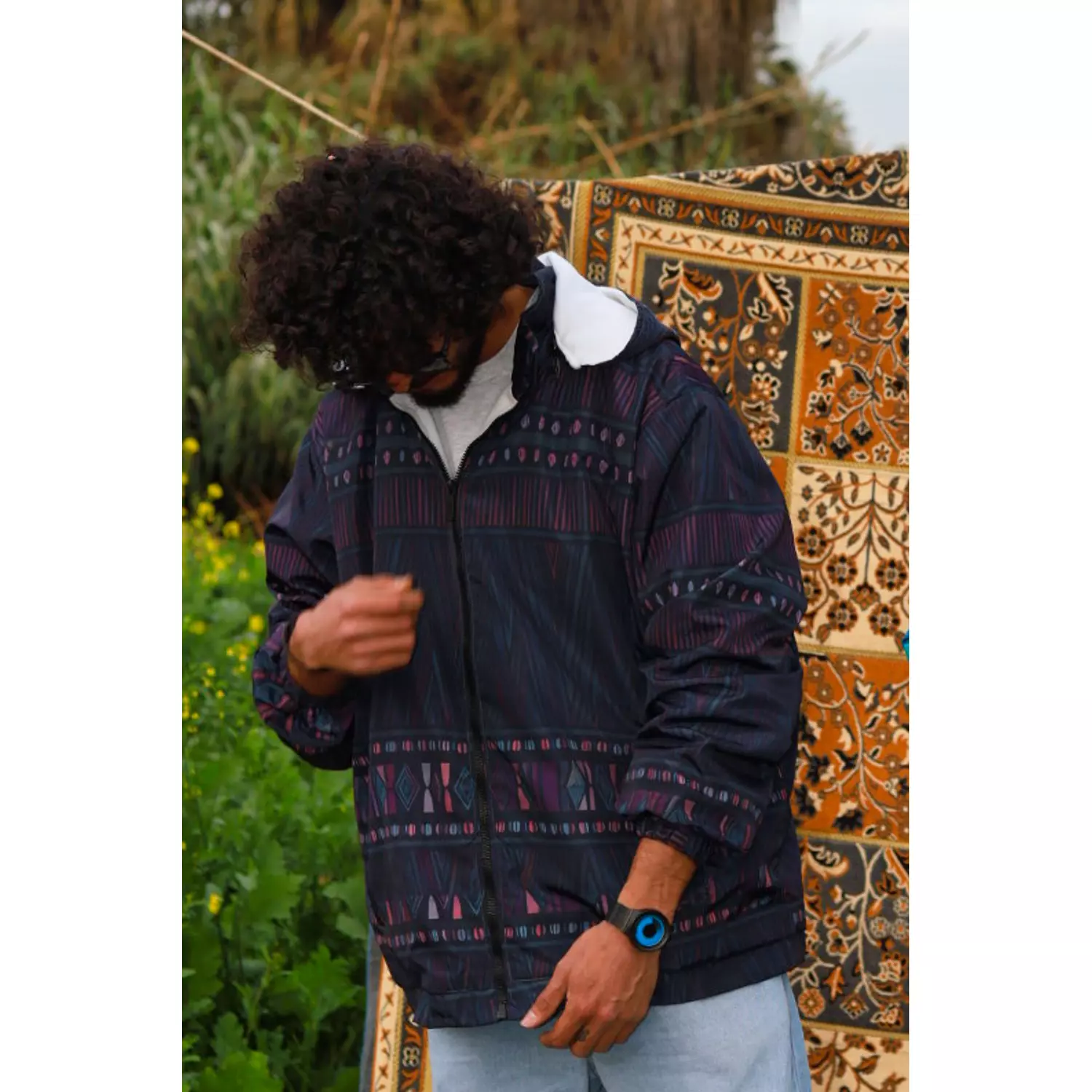 Hooded Black & Purple Ethnic Patterned Bomber Jacket image