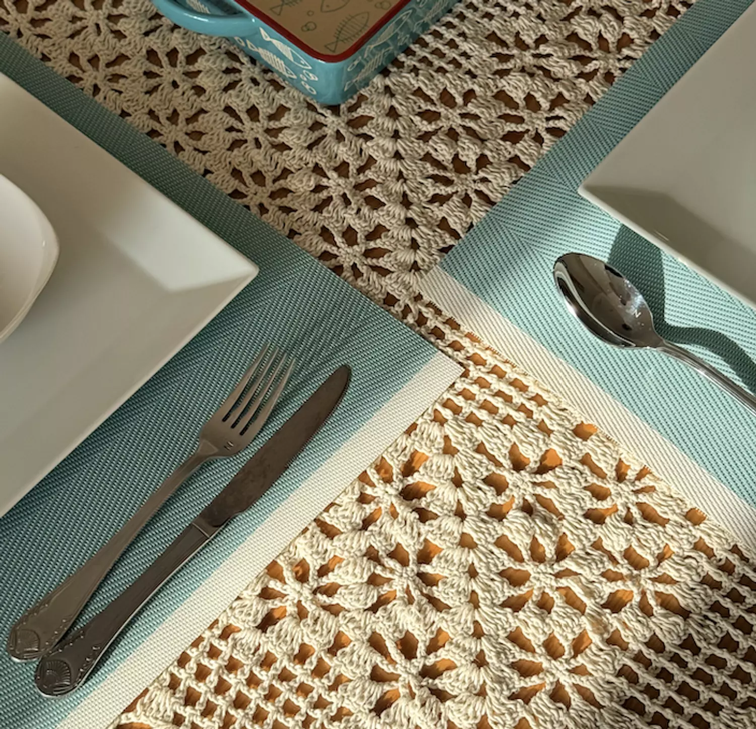 Muted teal table mat with beige borders - Set of 6 2
