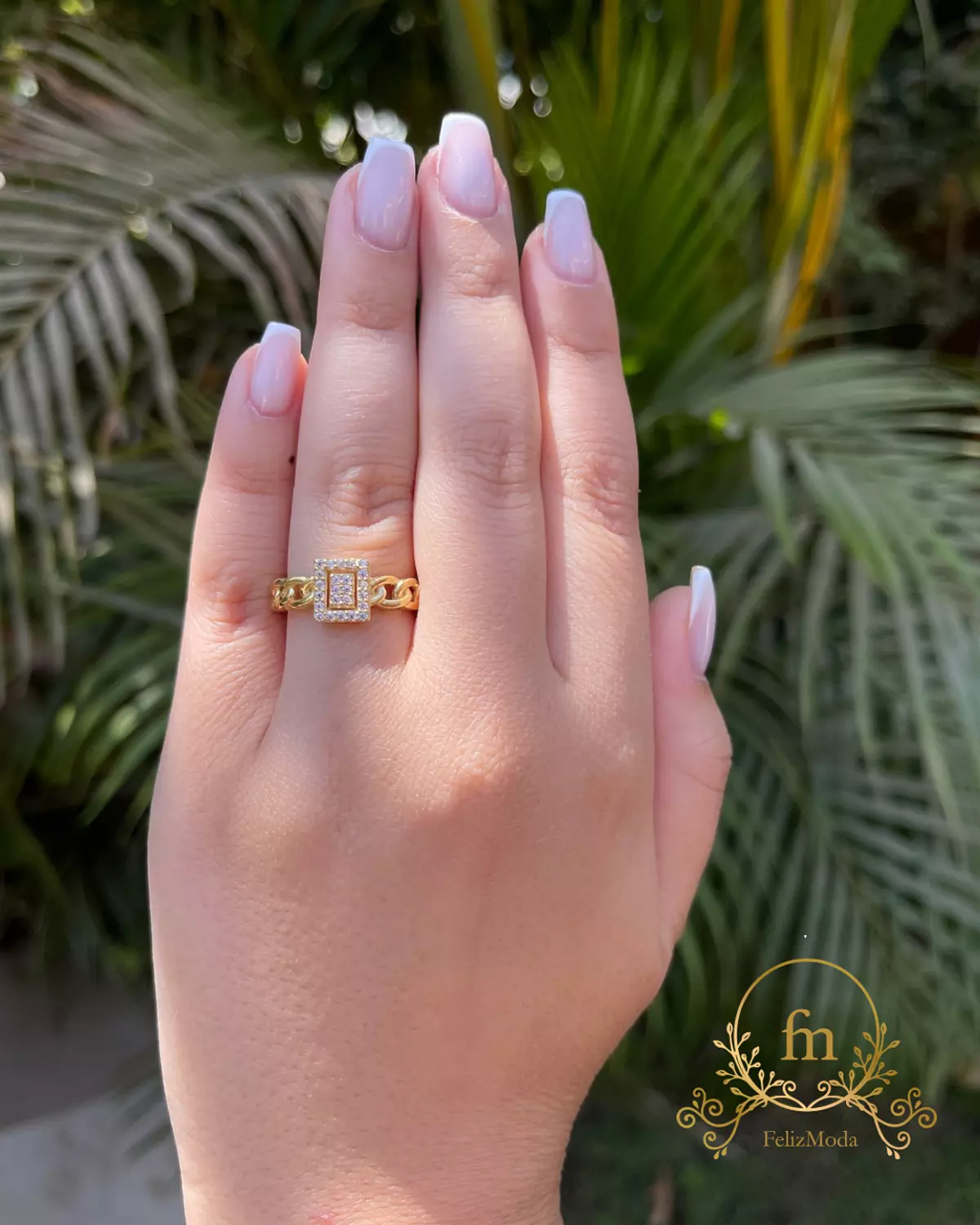 Square stone braided silver ring gold plated free size image