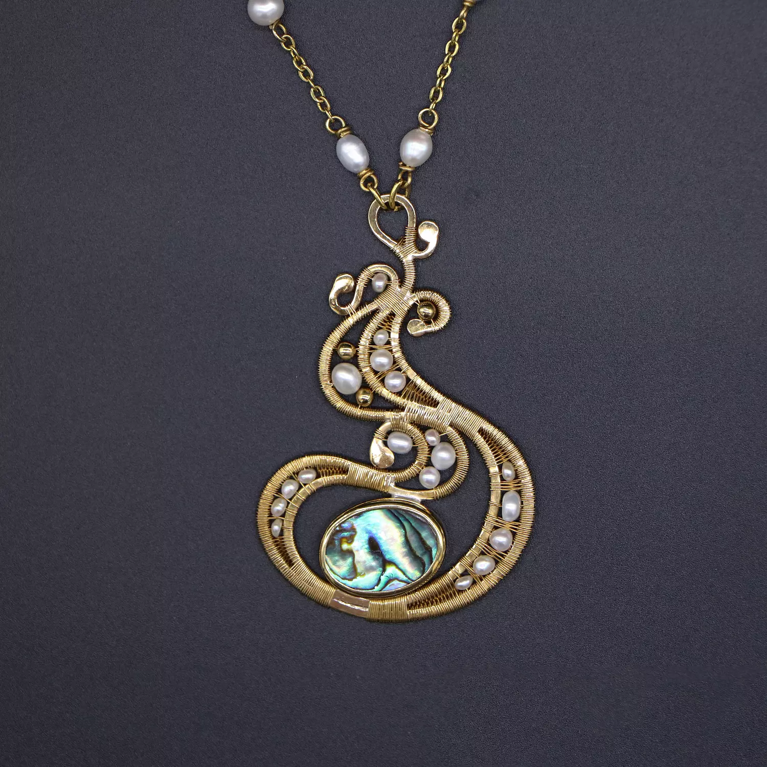 Necklace with pearls and abalone shell. image