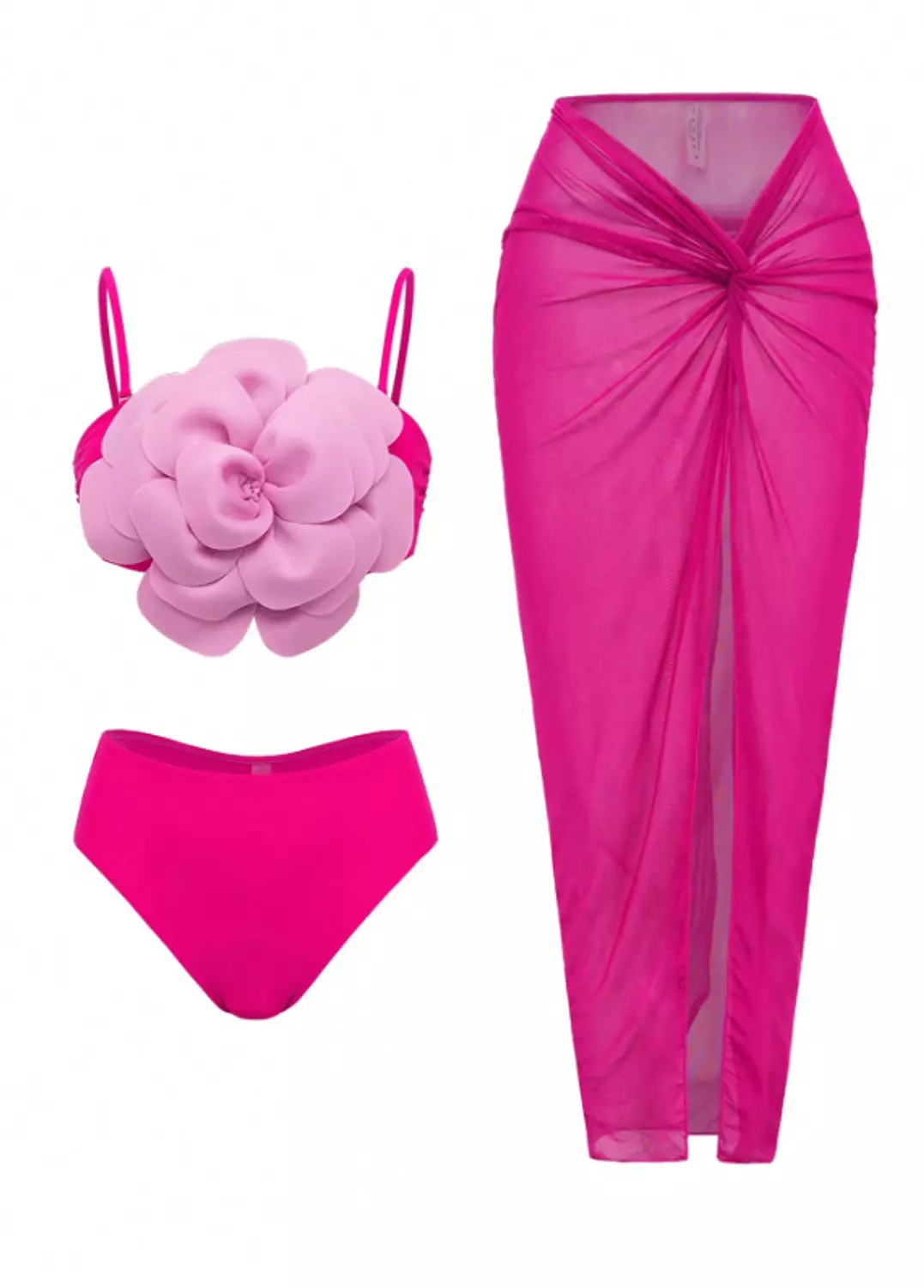  3-Piece Solid Color Floral 3D Print Bandeau Crop Top, Bikini Bottoms And Beach Dress Swimwear For Women image