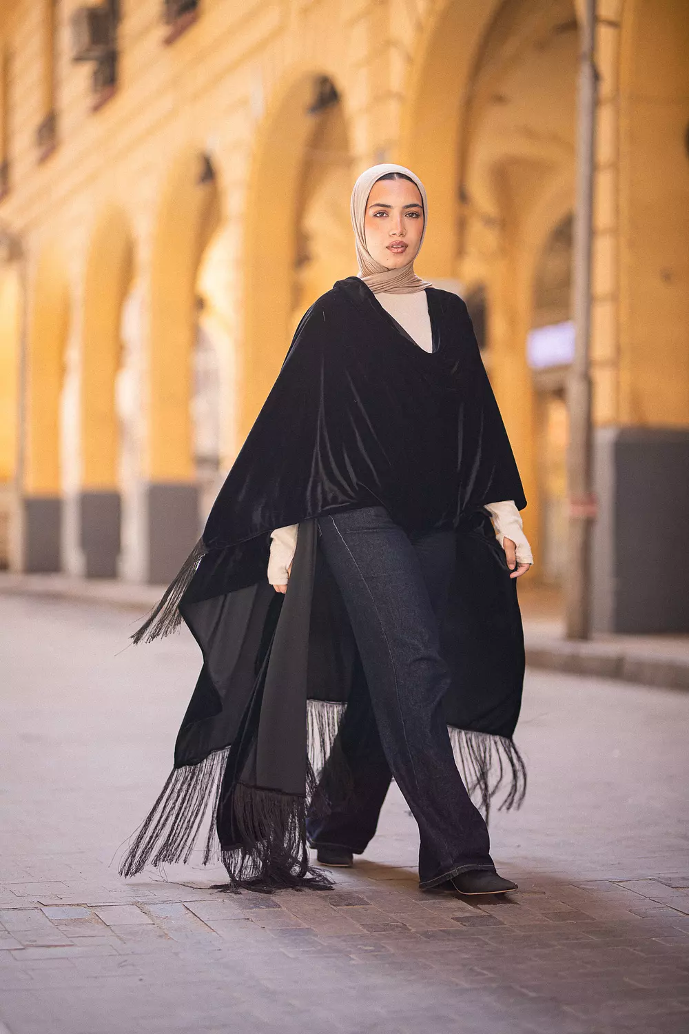 Black fringes velvet scarf 2