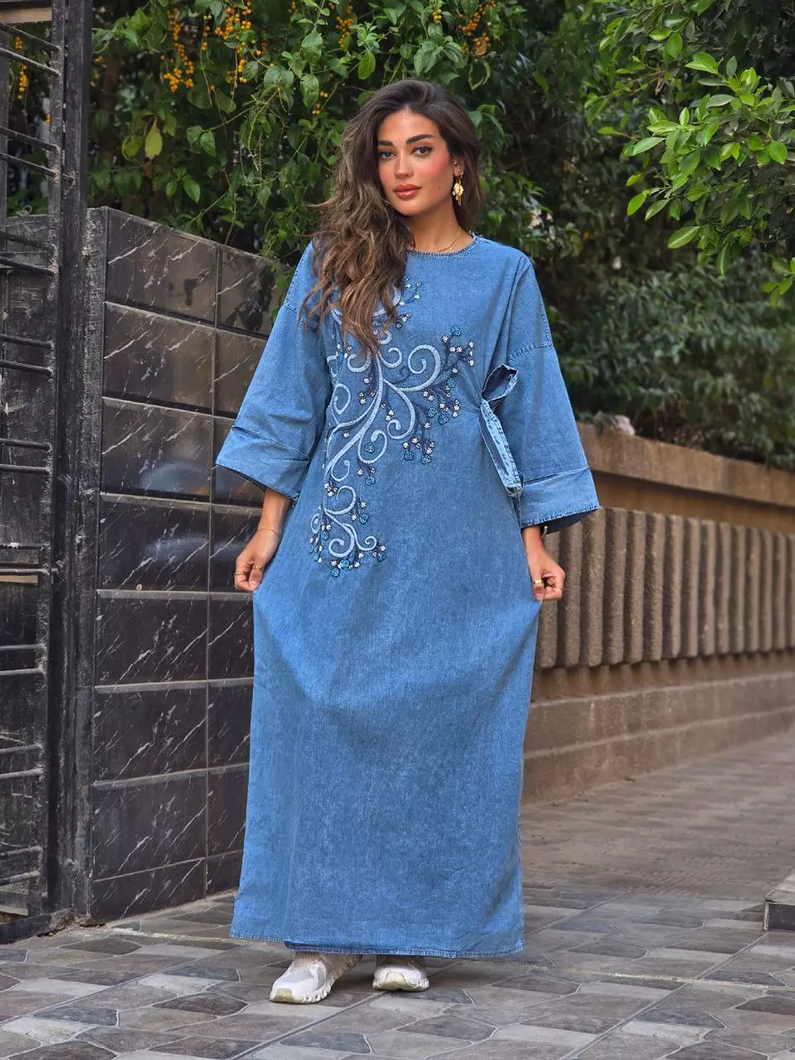 Blue Floral sequin embroidered denim dress with side tie hover image