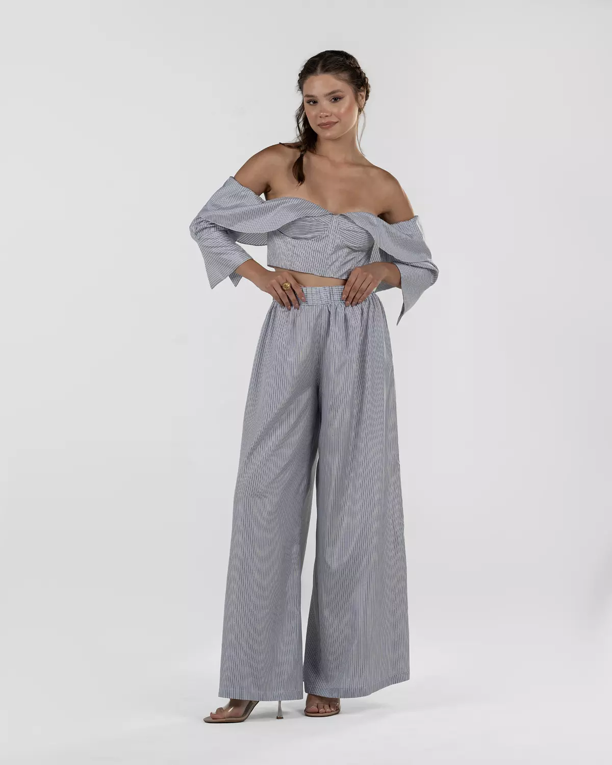 Refined Off-Shoulder Striped Corset Top hover image