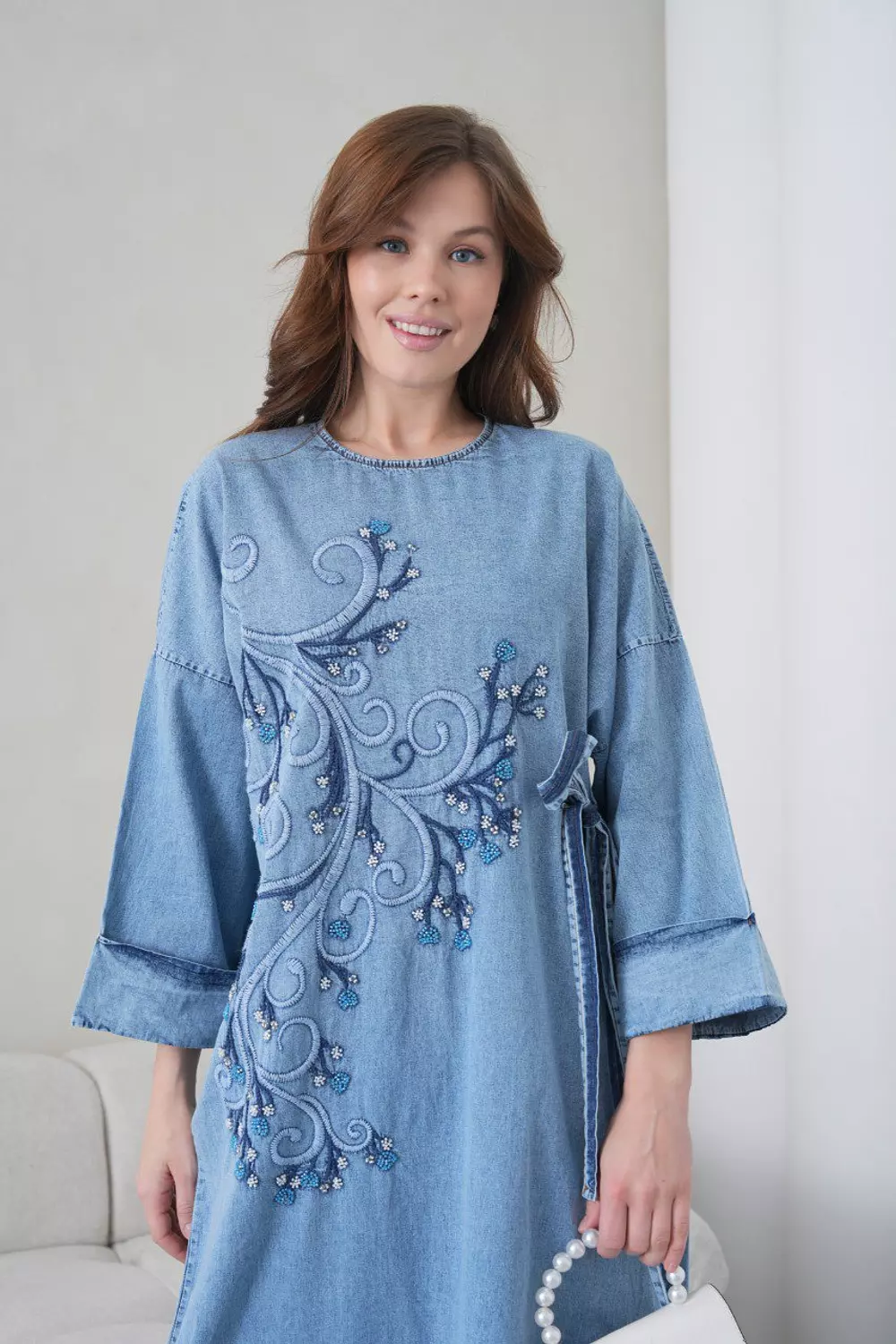 Light blue floral sequin embroidered denim dress with side tie  9