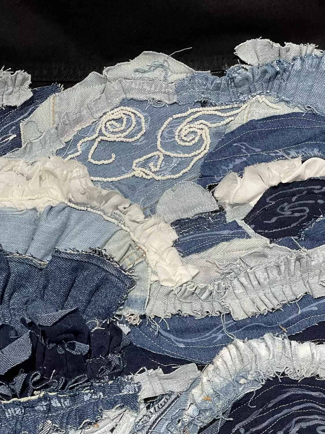 Beyond the blue” fabric collage & hand-embroidered denim jacket “ 7